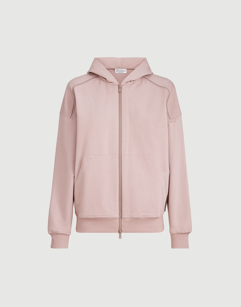 Stretch cotton lightweight French terry hooded sweatshirt with zipper and shiny trims 1