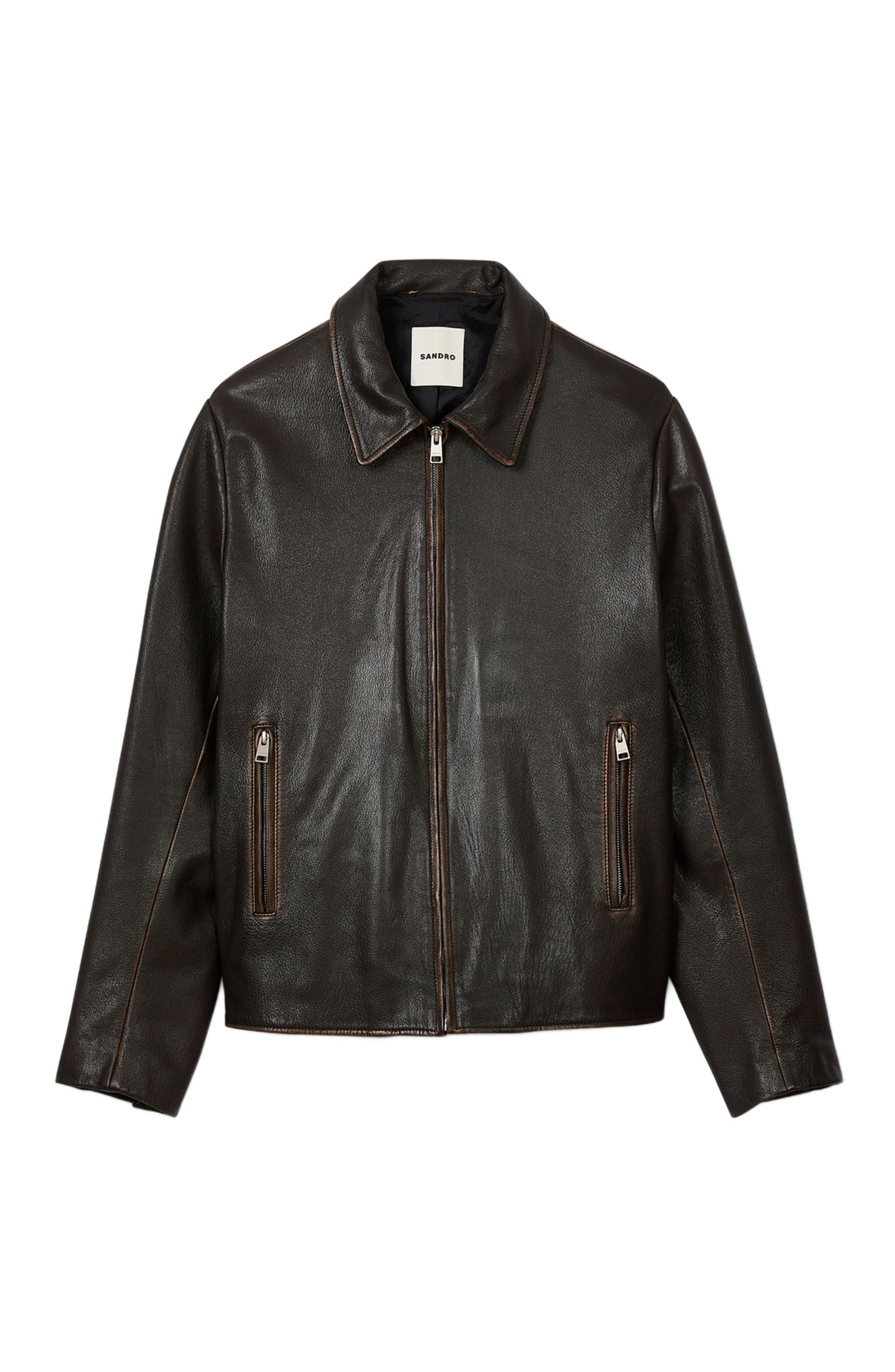 SANDRO Distressed-look leather jacket in Moka. at Nordstrom - 5