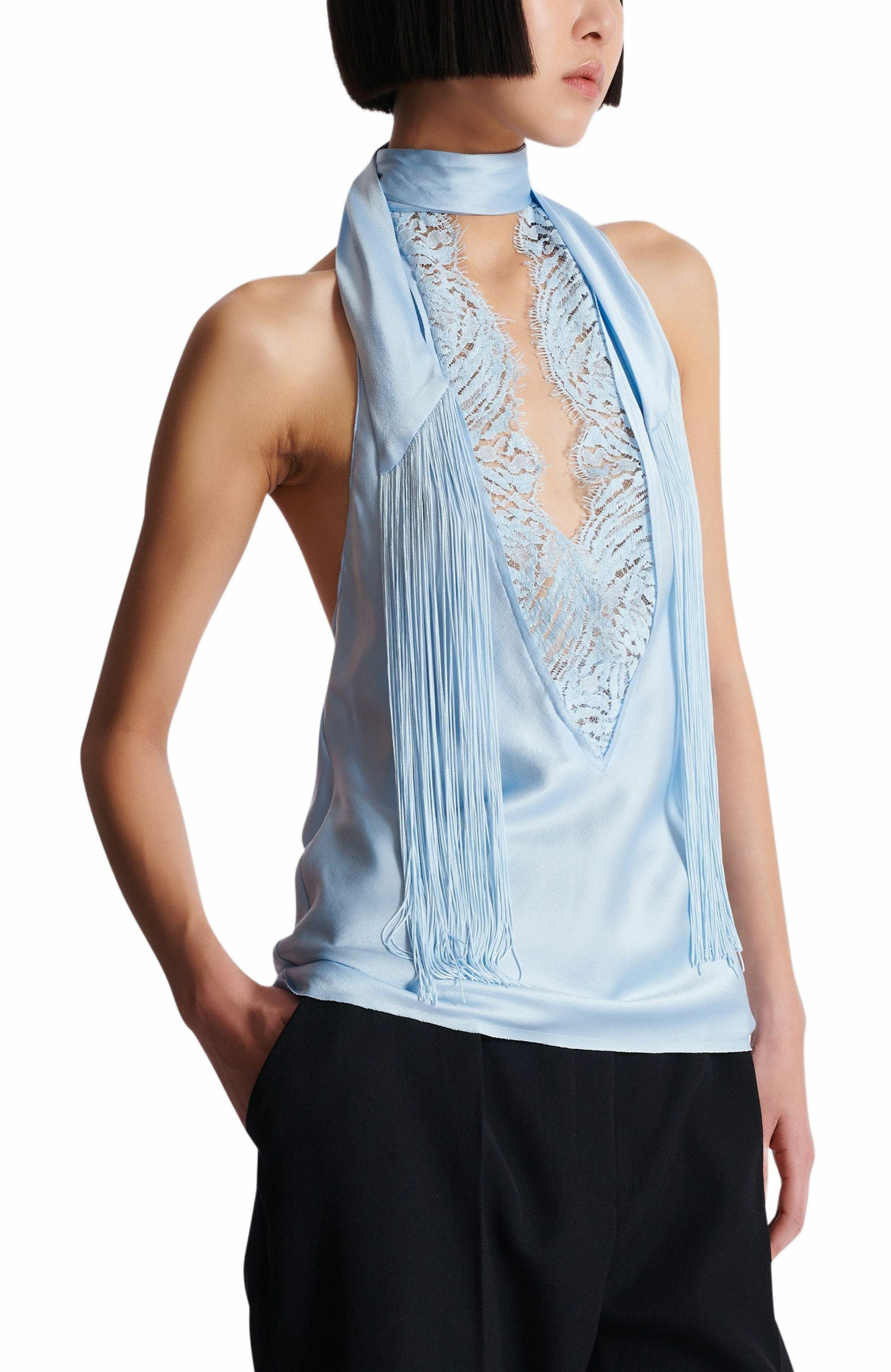 Balmain Backless crepe satin top with fringe in Blue at Nordstrom - 4