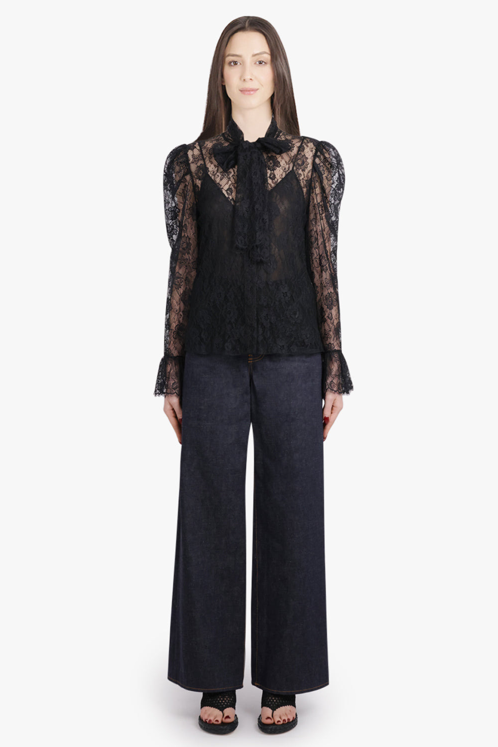 JACQUARD FLORAL LACE NECK TIE BLOUSE | BLACK - 4