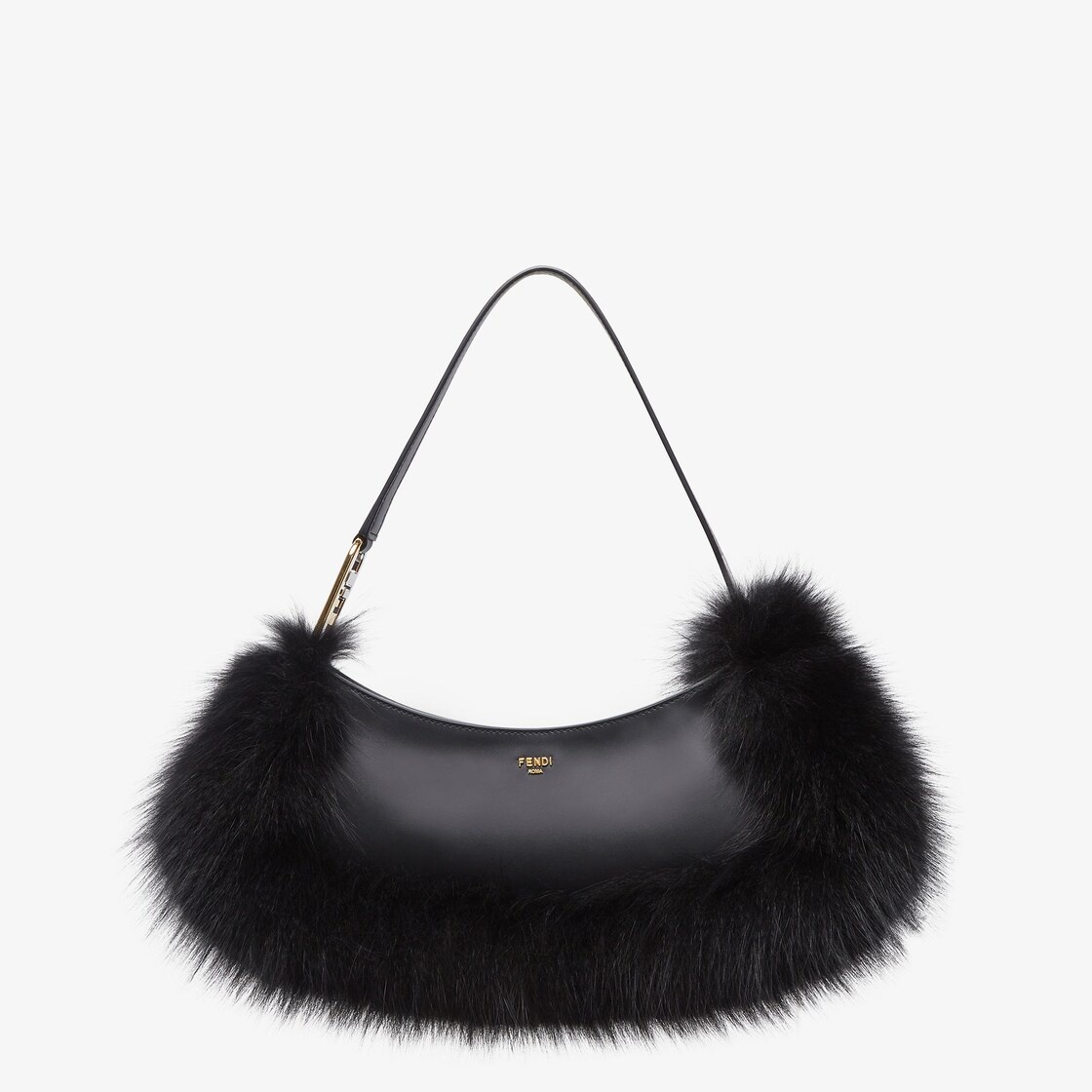 Pouch made of black leather, embellished with tone on tone fox fur and decorated with Fendi Roma let - 1