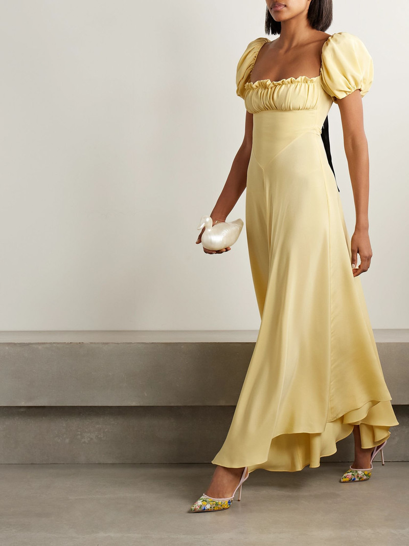 RODARTE Bow-embellished satin-trimmed silk-crepe maxi dress Yellow outlook