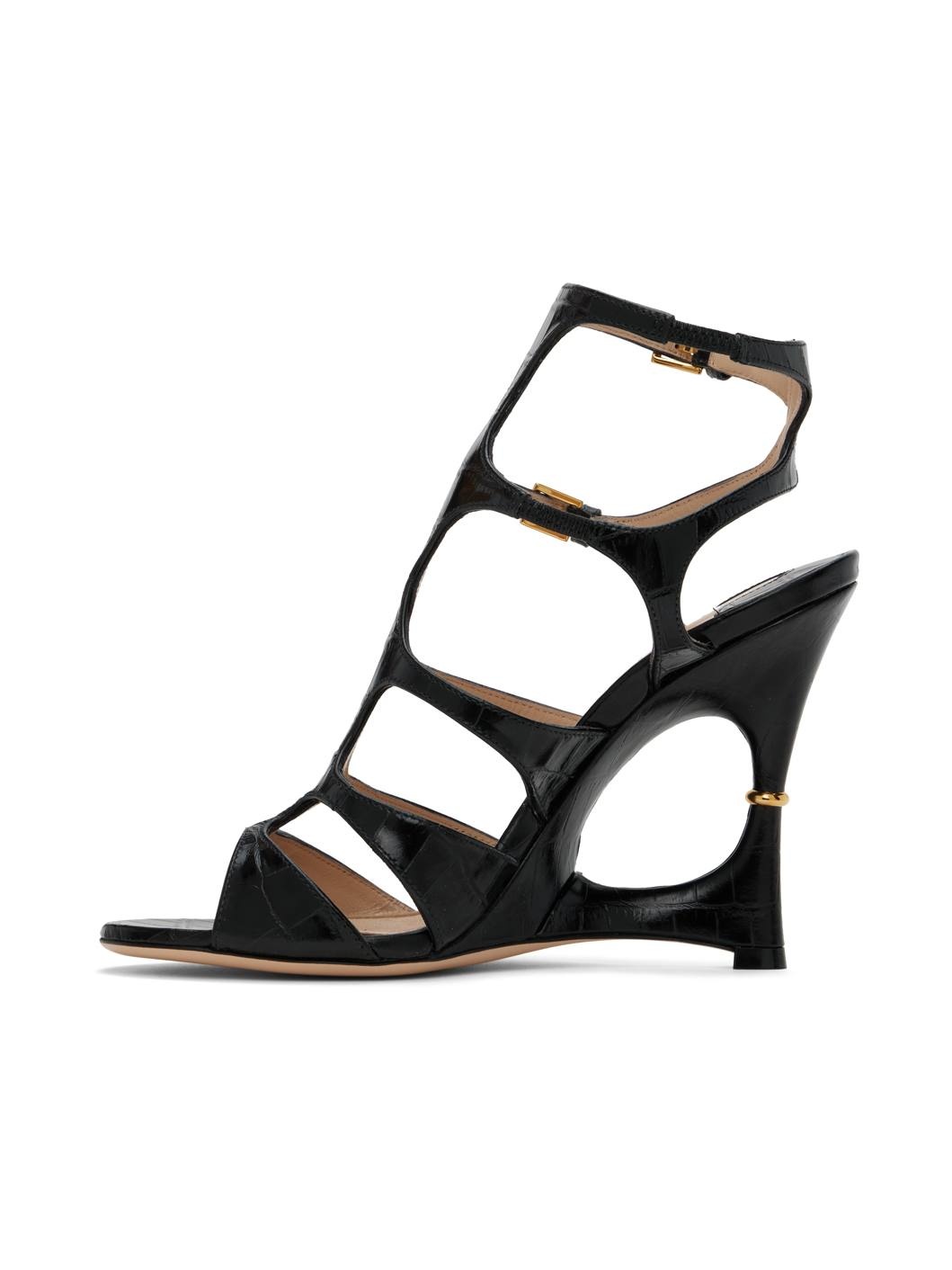Black Shiny Stamped Crocodile Heeled Sandals - 3