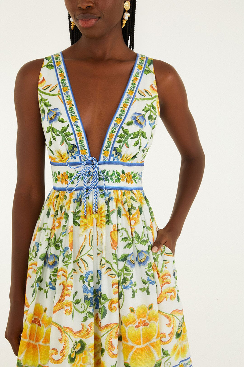 FARM RIO Off-White Emily Floral Tapestry Rope Ties Midi Dress outlook