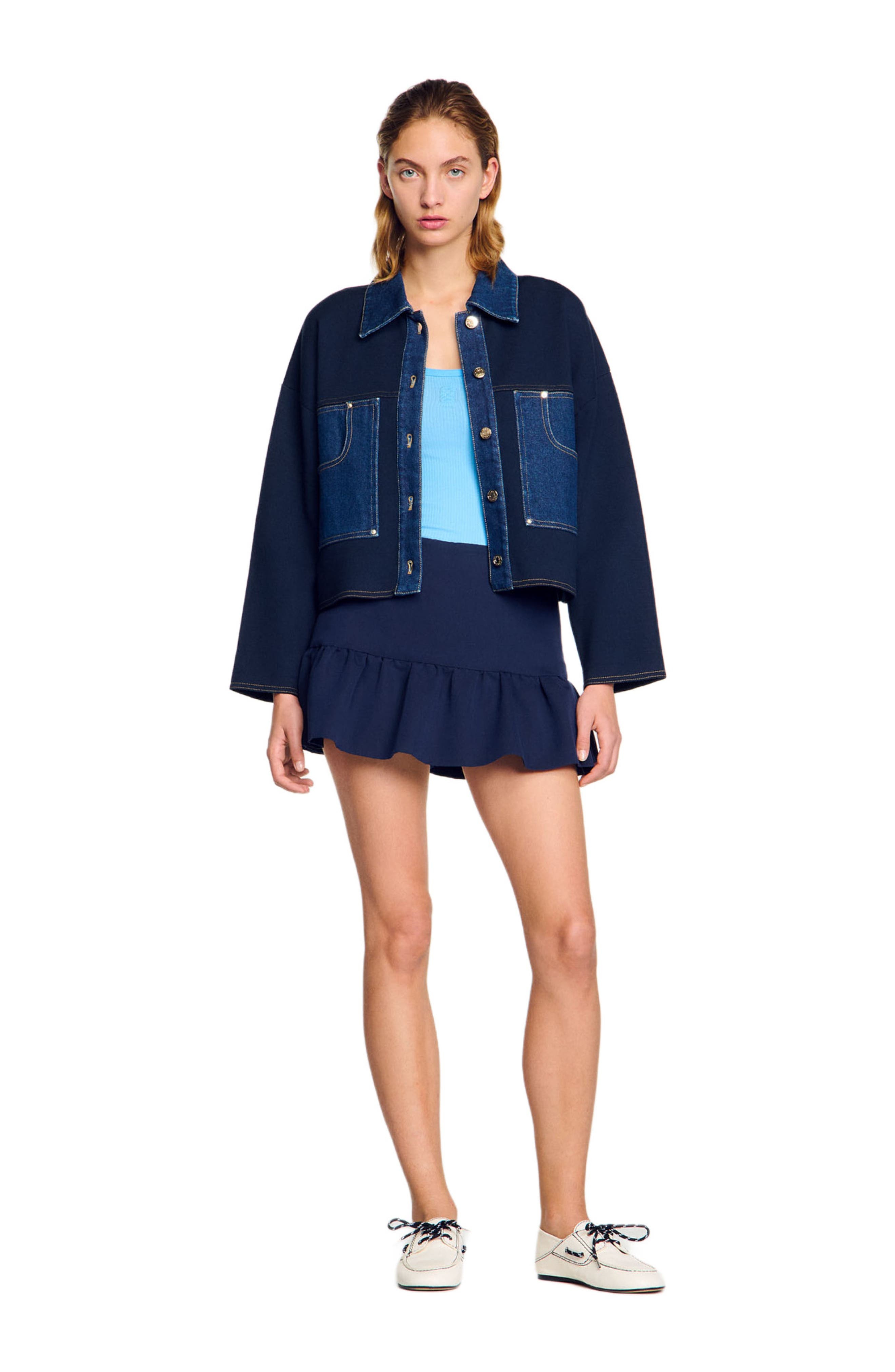 SANDRO Denim detail cardigan in Navy Blue at Nordstrom - 6