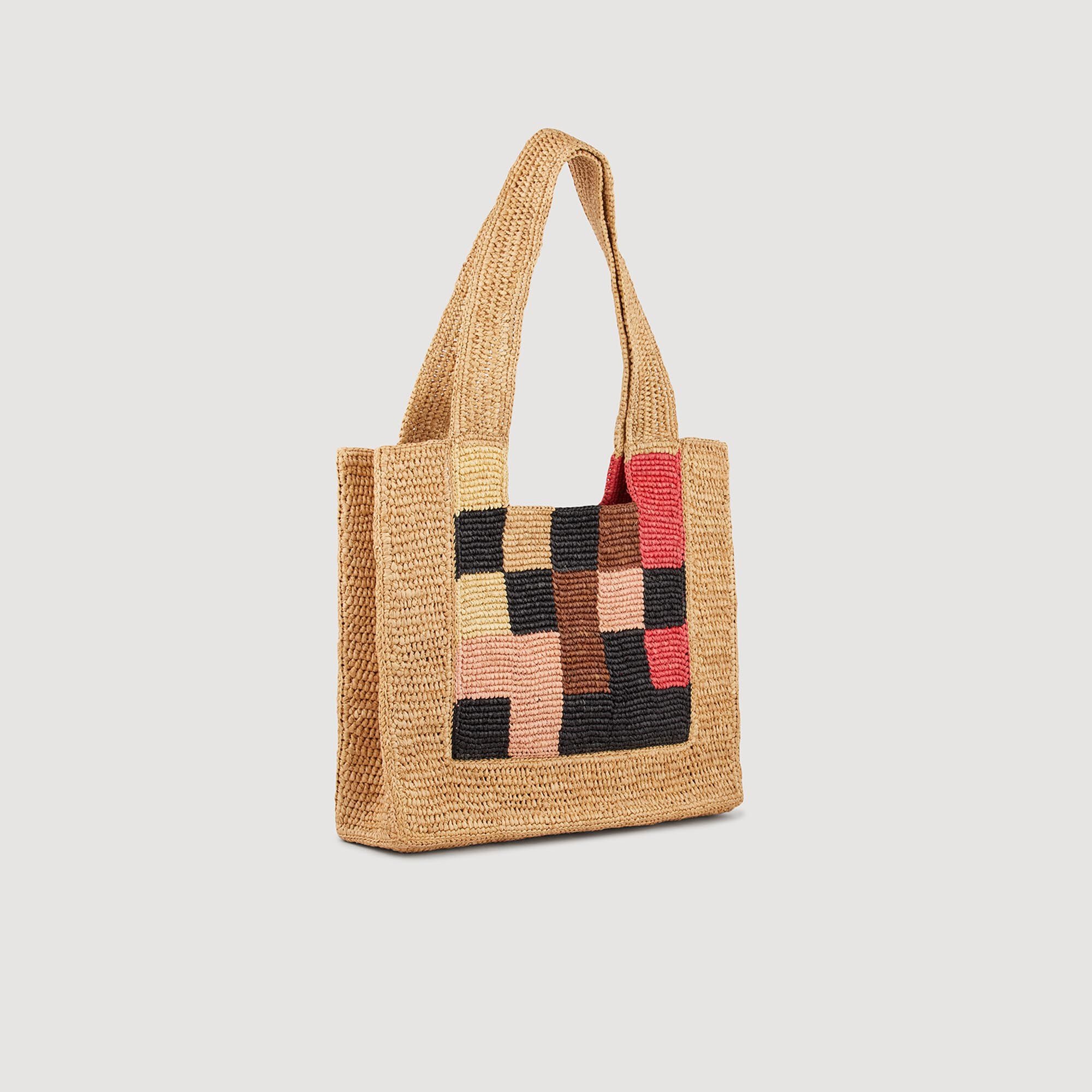 SMALL CHECKERBOARD RAFFIA TOTE BAG - 3