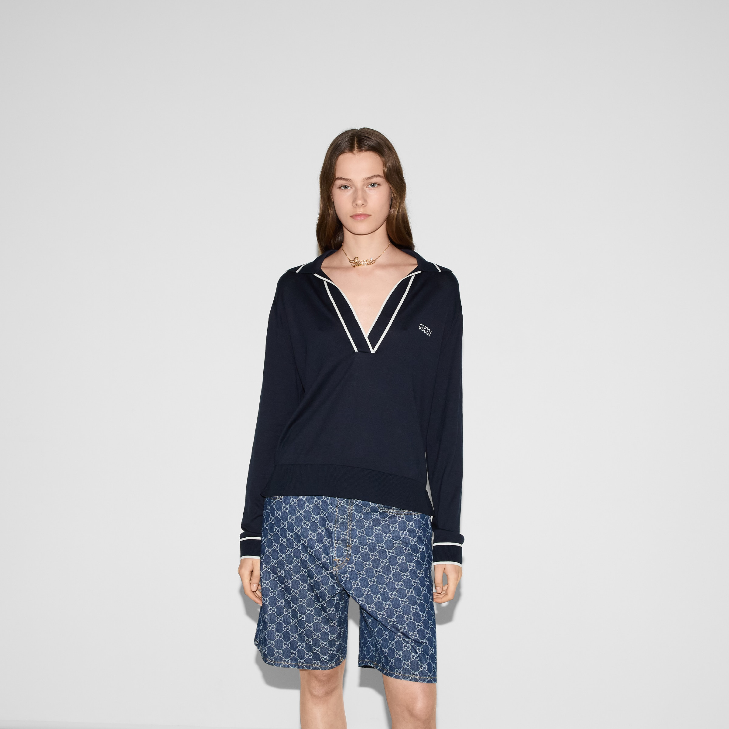 Cotton polo top with Gucci intarsia - 3