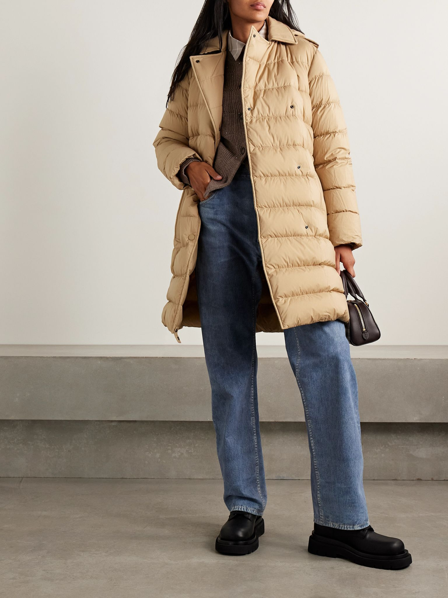 Belted double-breasted quilted shell down coat Sand - 2