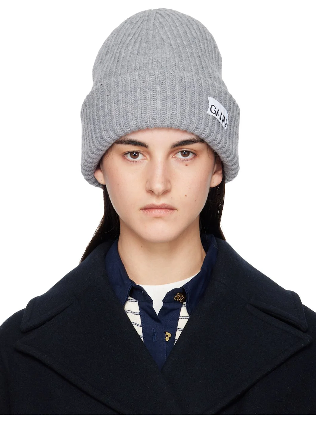 Gray Oversized Wool Rib Knit Beanie - 1