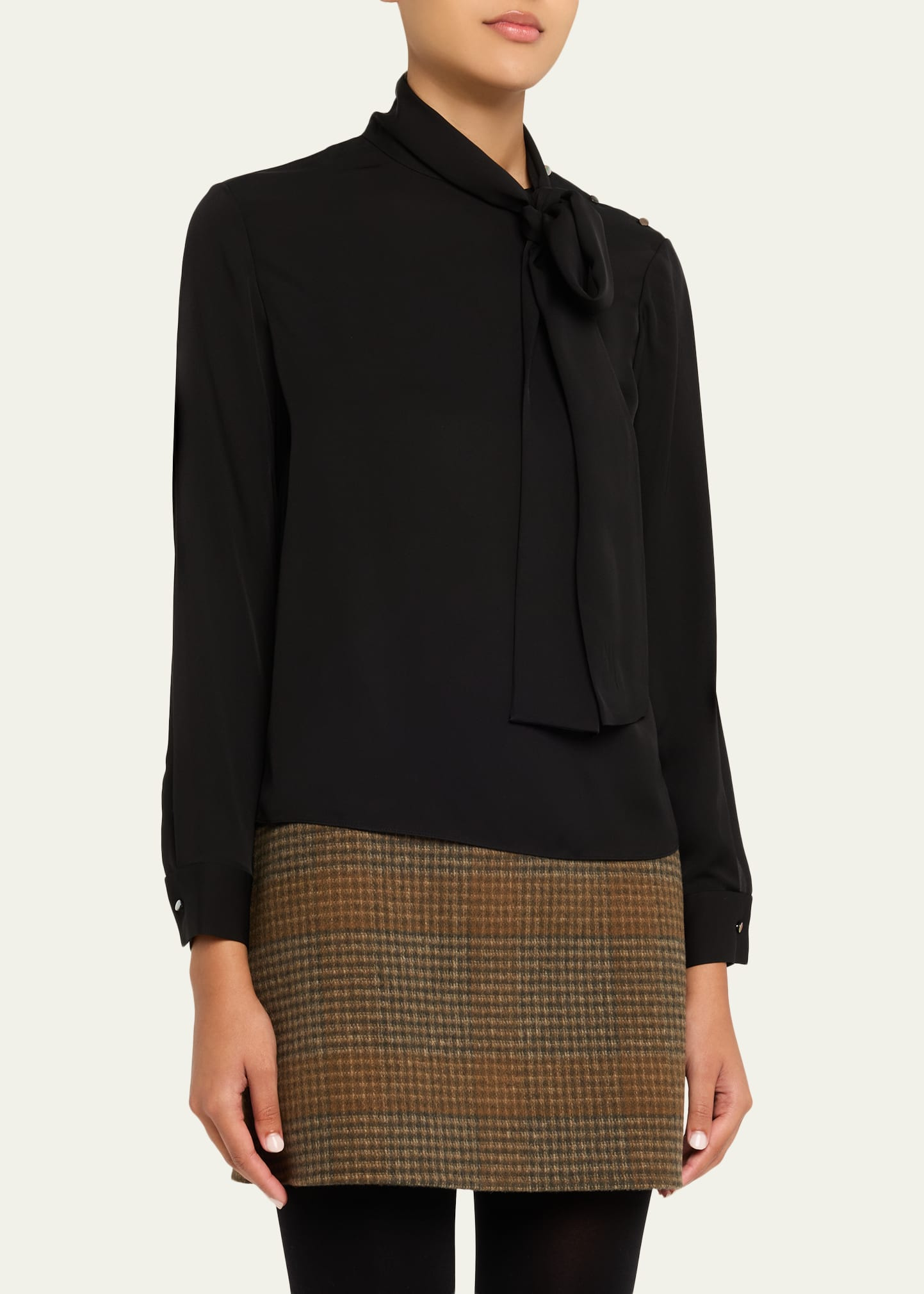 Long-Sleeve Silk Tie-Neck Blouse - 4