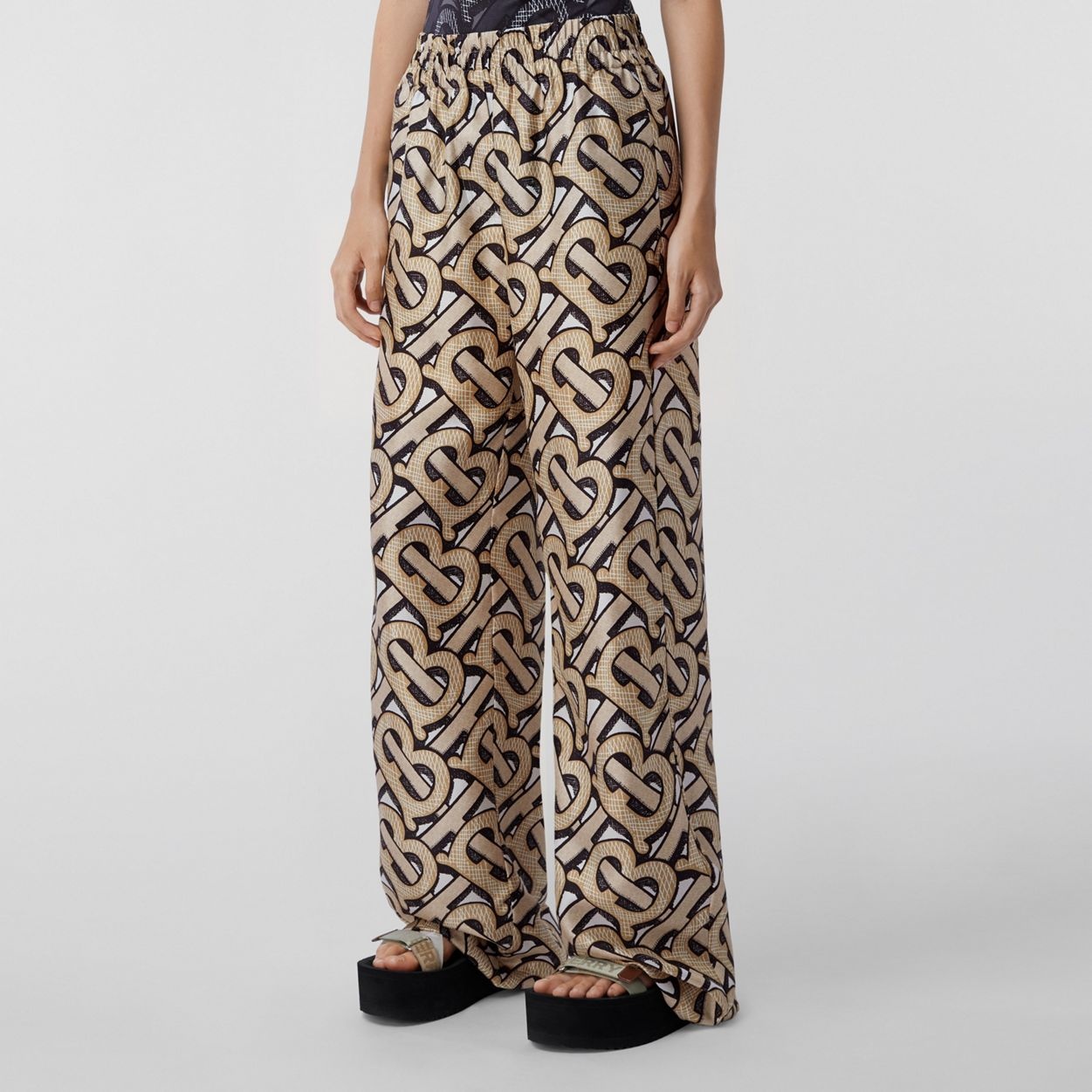 Monogram Print Silk Twill Wide-leg Trousers - 5