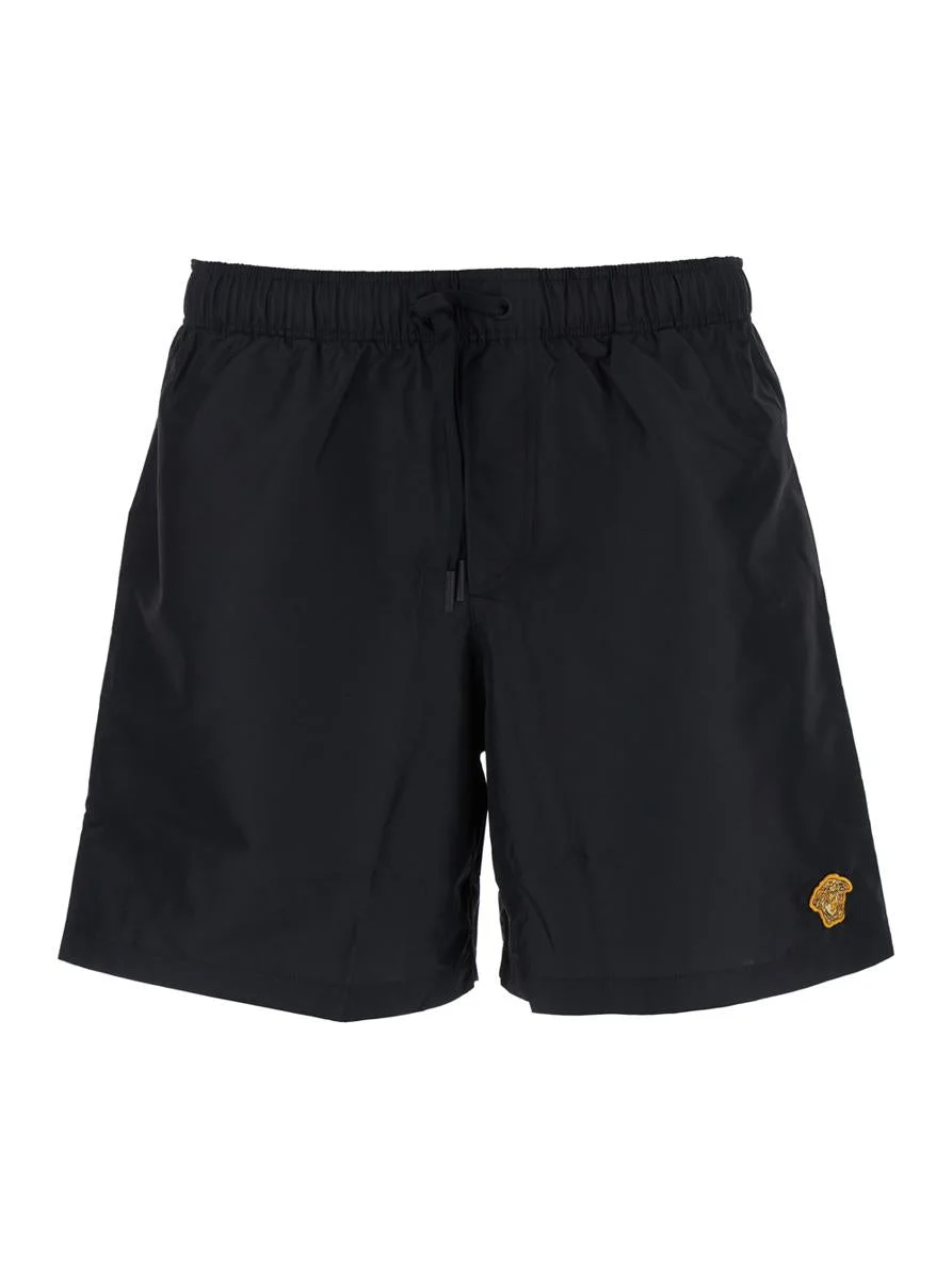 Versace Black Swim Shorts With Elastic Drawstring Waist And Medusa Embroidery On The Front In Tech F - 1