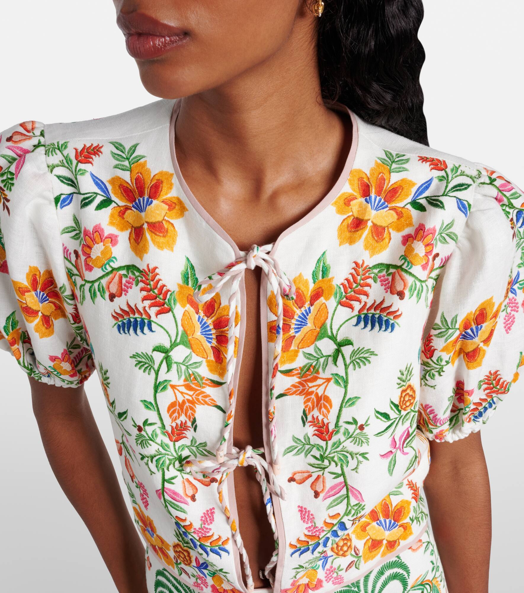 Floral puff-sleeve linen blouse - 4