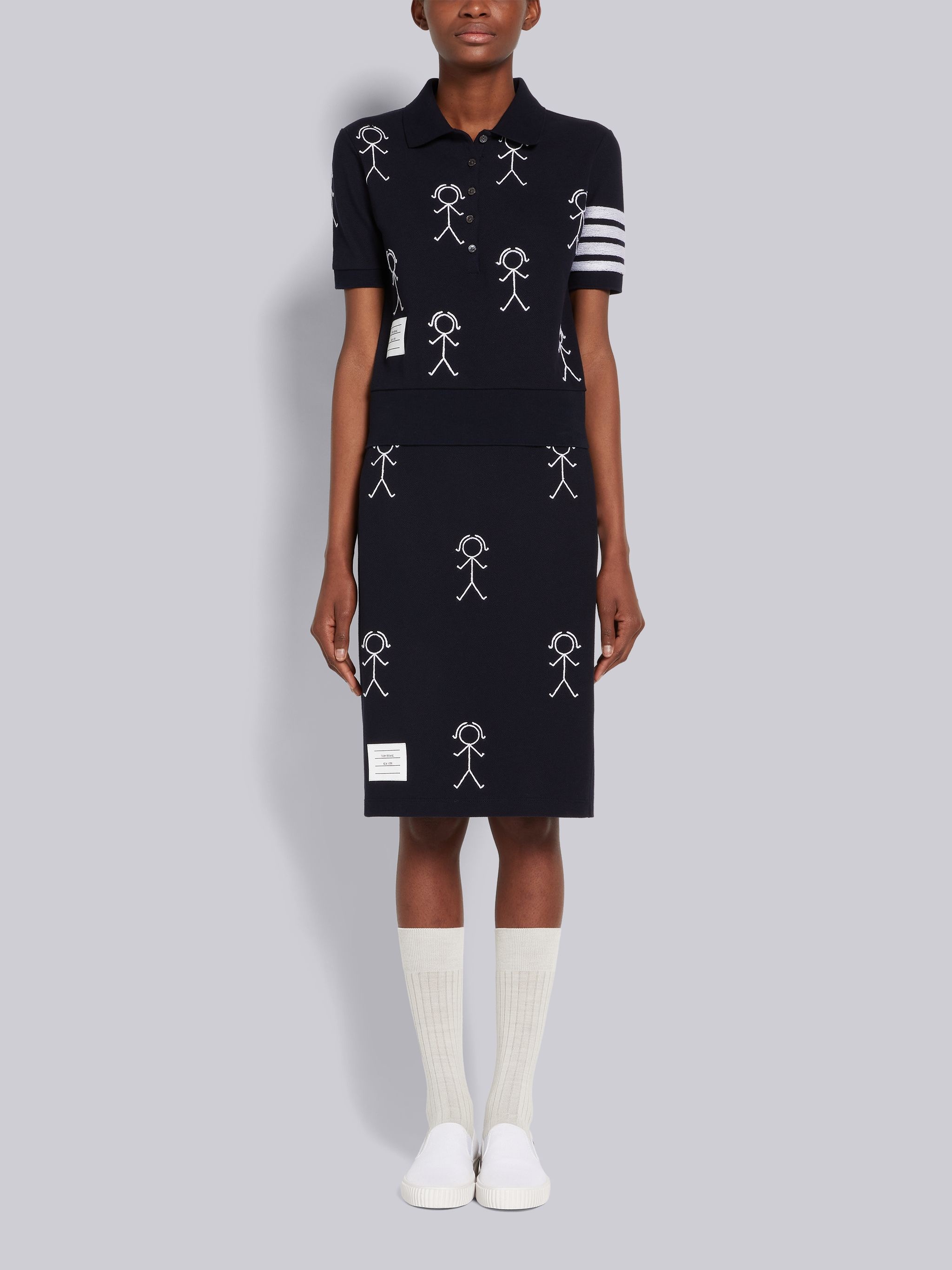 Navy Classic Pique Chain Stitch 4-Bar & Mrs. Thom Embroidery Knee Length Skirt - 4