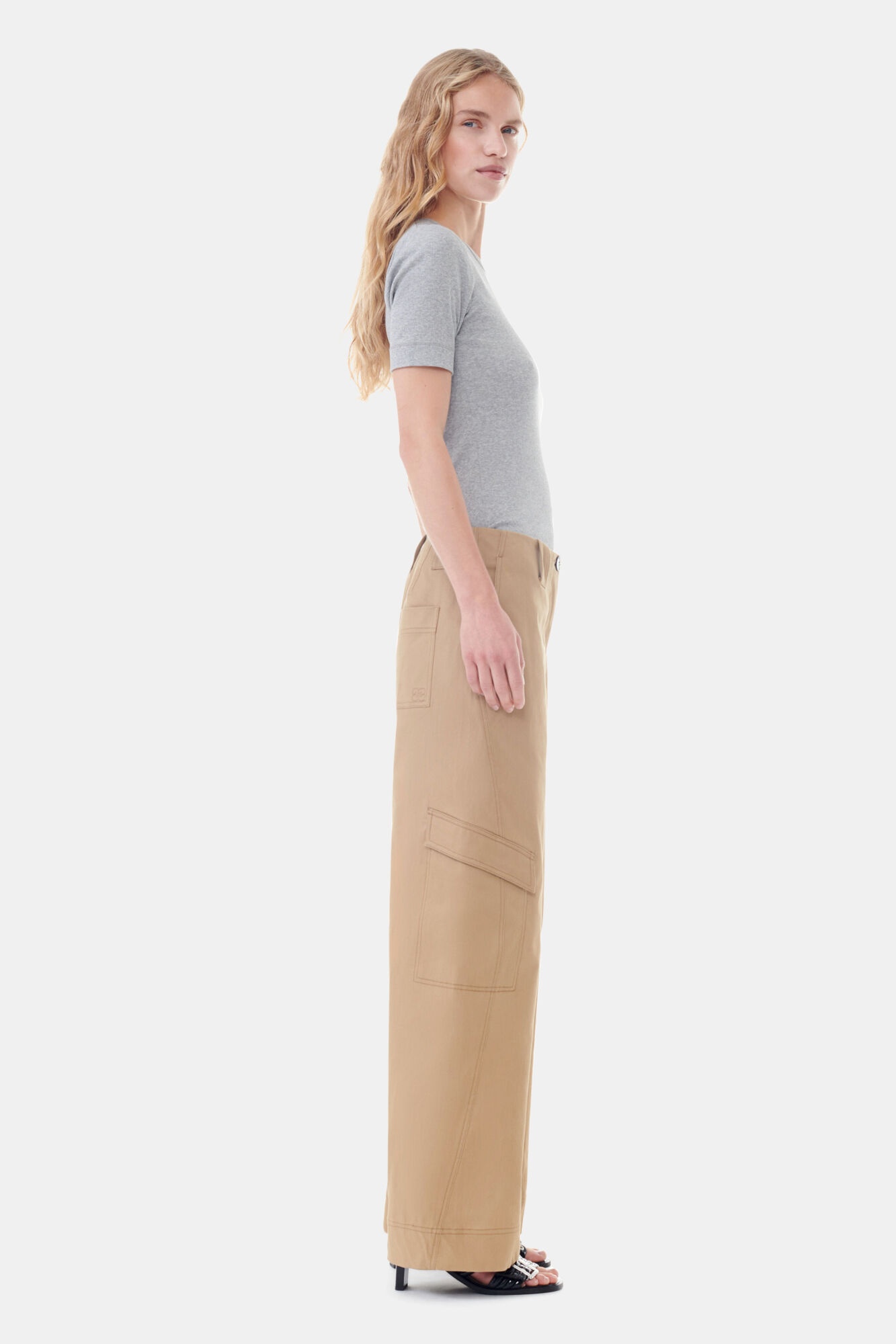 BROWN HERRINGBONE CANVAS MID WAIST PANTS - 3