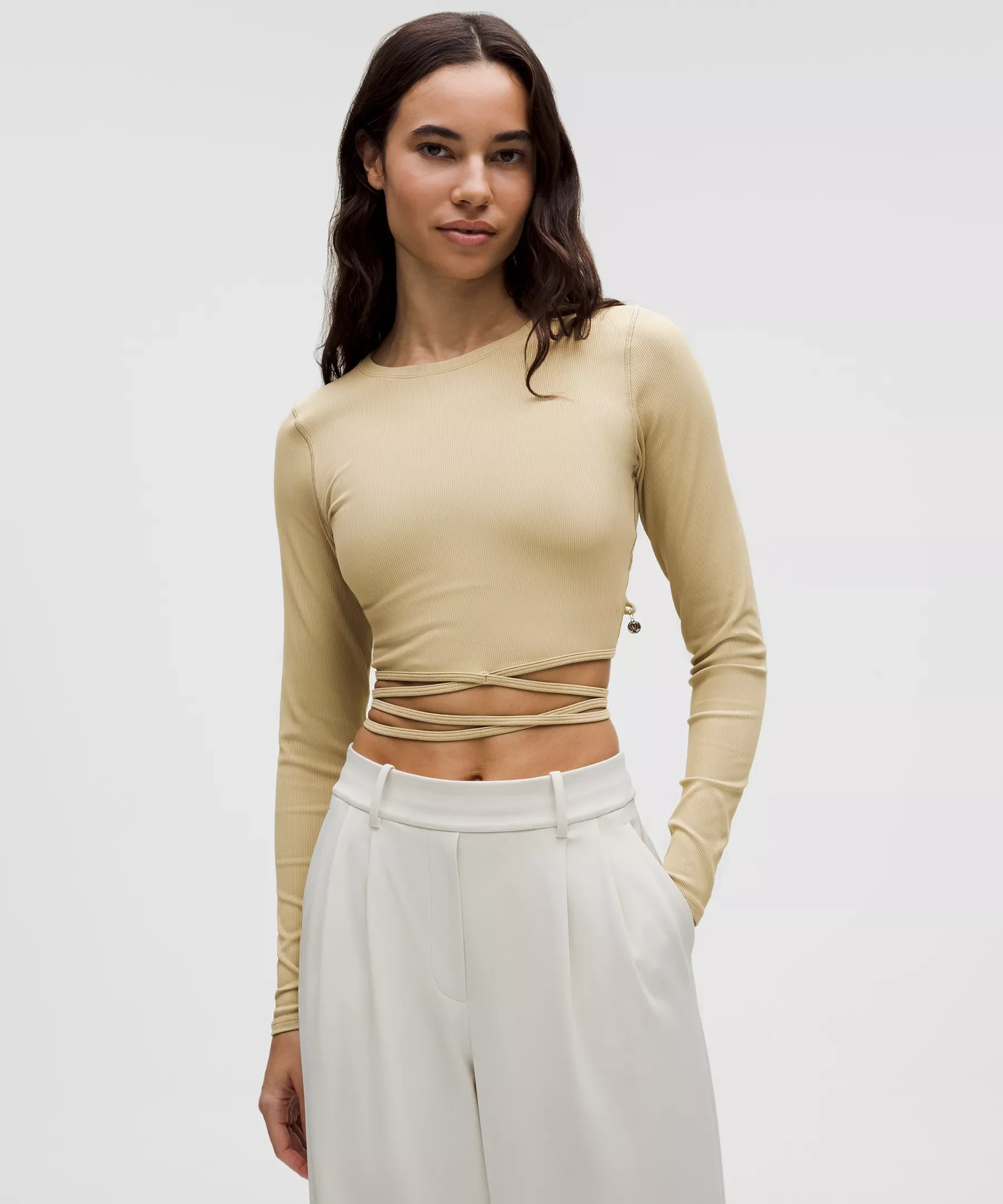Logo Charm Ribbed Waist-Tie Long-Sleeve Shirt - 1