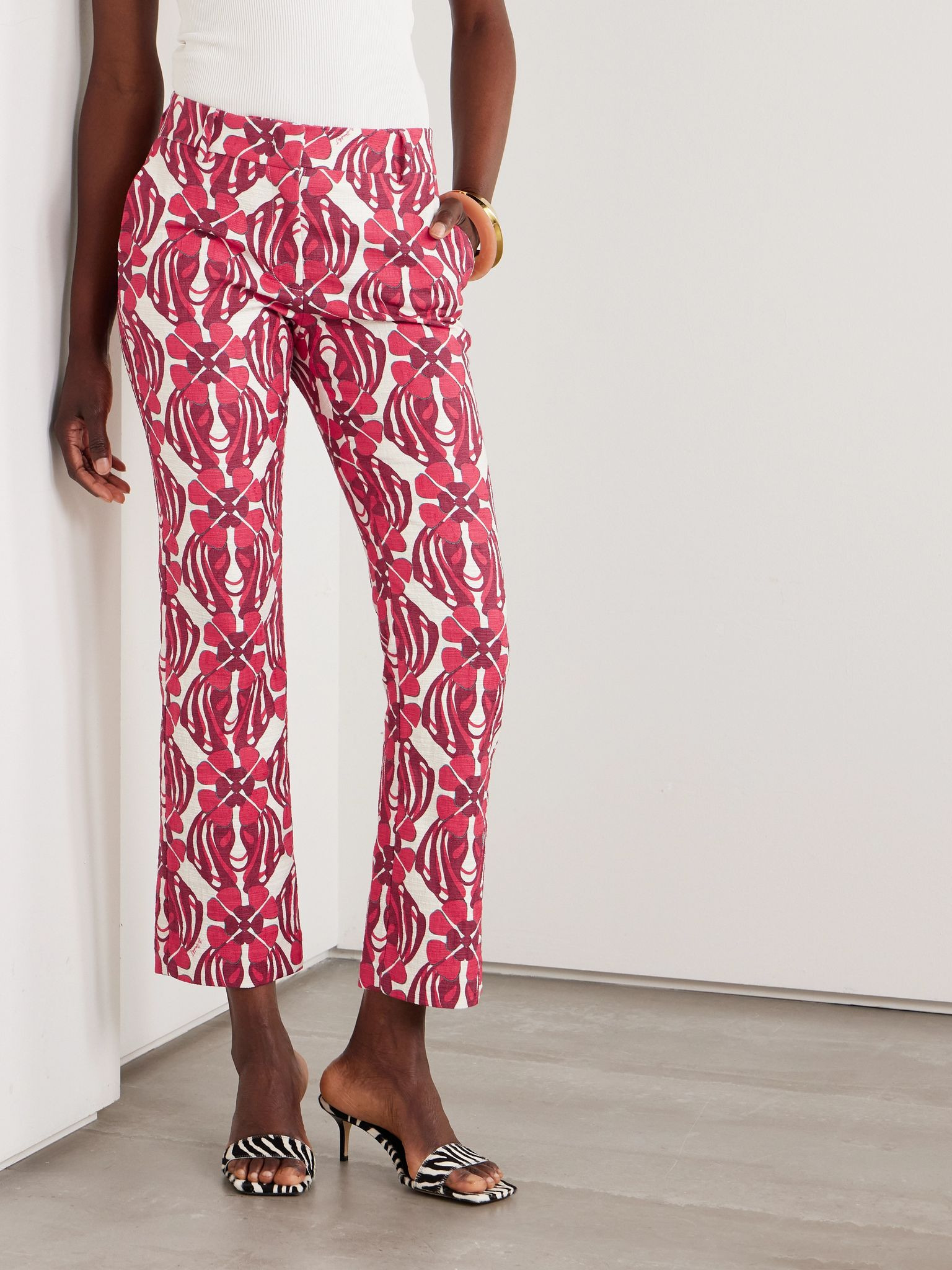 24/7cropped printed stretch-cotton tweed flared pants Red - 3