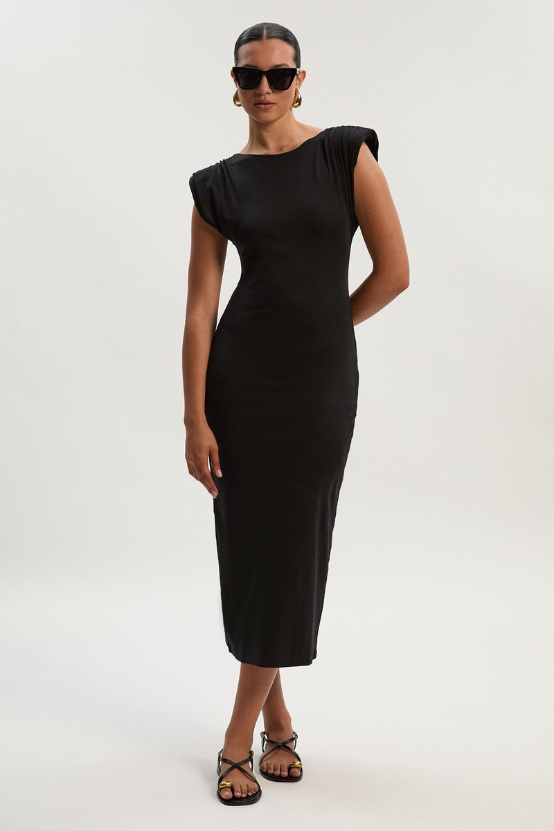 Stretch Jersey Power Shoulder Midi Dress 1