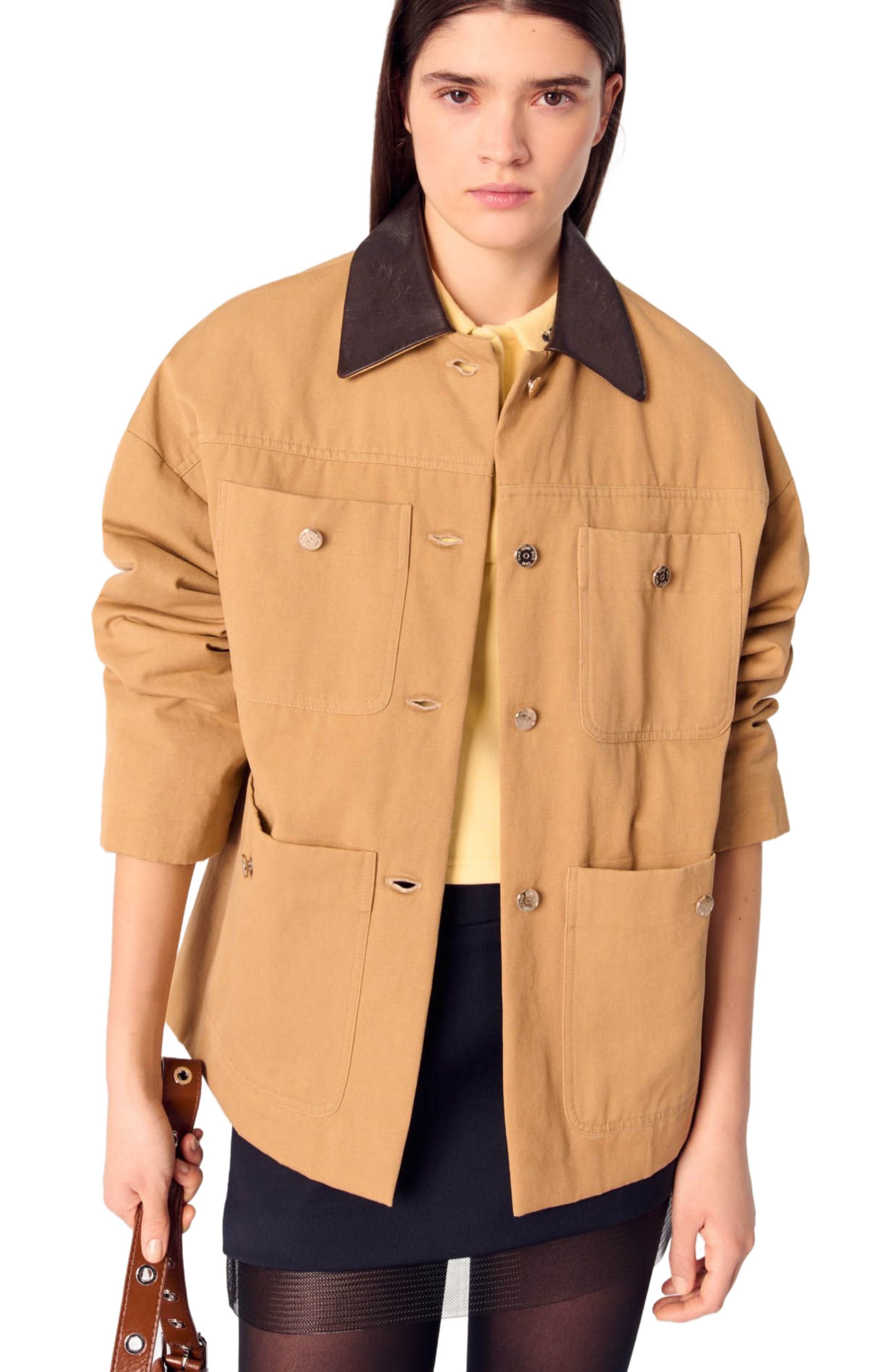 maje Cotton coat with leather collar in Beige at Nordstrom - 7