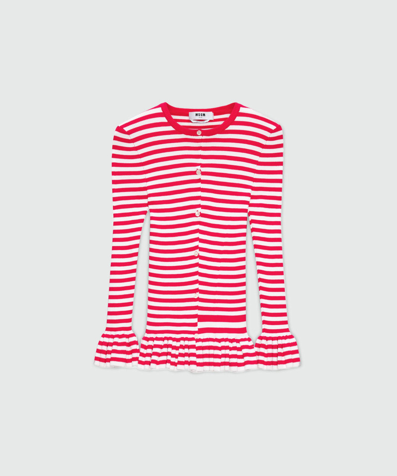 White and red striped knit cardigan. 1