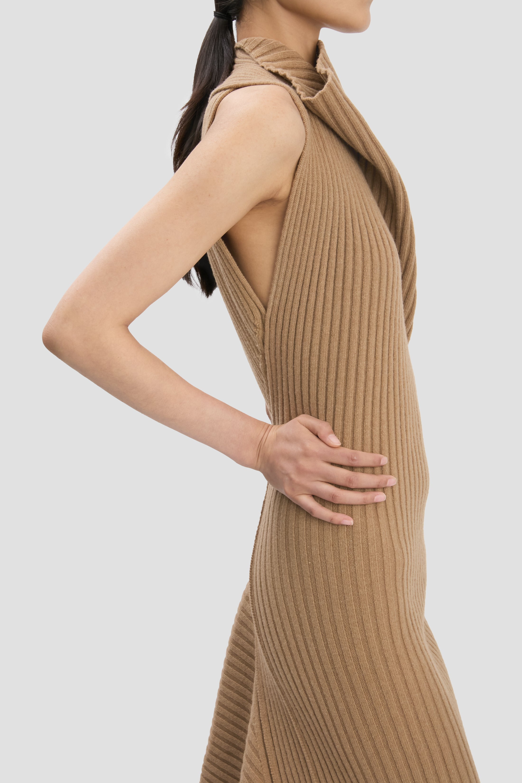 Draped Sleeveless Rib Midi Dress In Dark Camel - 5