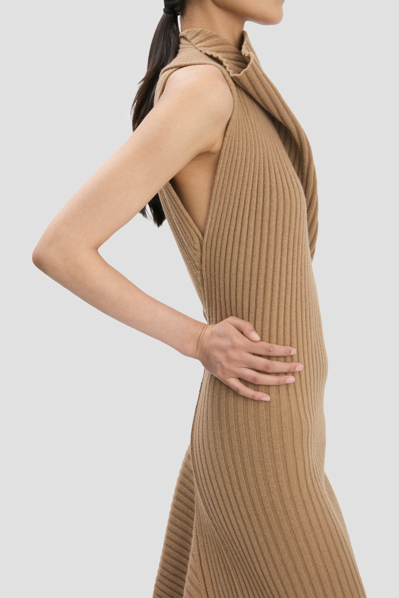 Draped Sleeveless Rib Midi Dress In Dark Camel 5