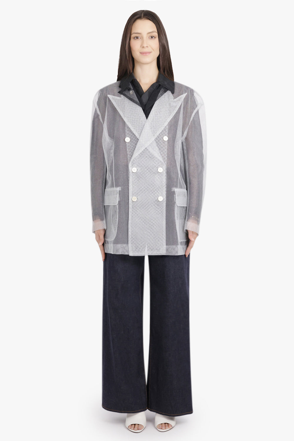 LAYERED DOUBLE BREASTED TULLE X ORGANZA JACKET | BLACK/SILVER - 4