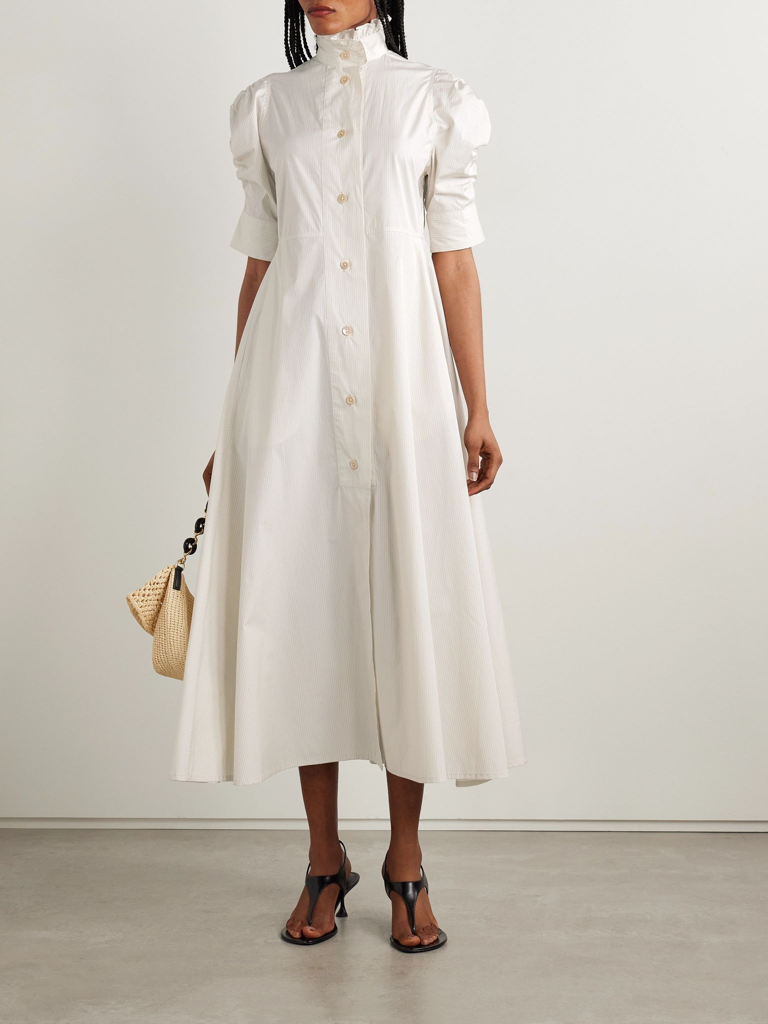 Venetia ruffled pinstriped cotton-poplin midi dress White - 2
