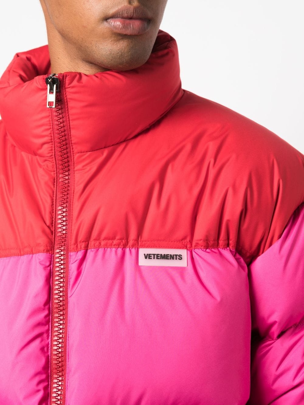VETEMENTS Hot Pink Logo Puffer Jacket | labelsfashion