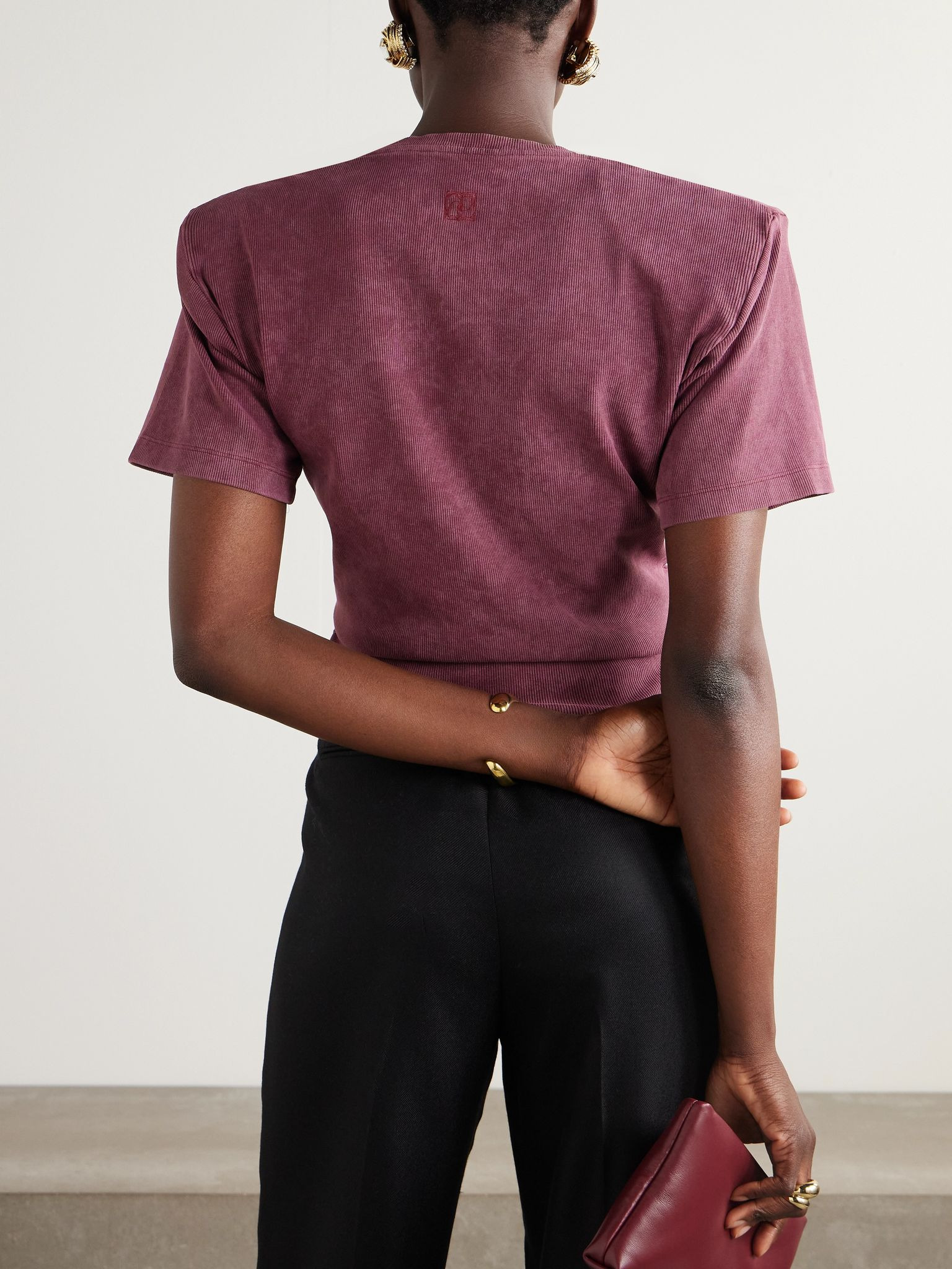 Cropped knotted ribbed cotton-blend jersey T-shirt Burgundy - 3