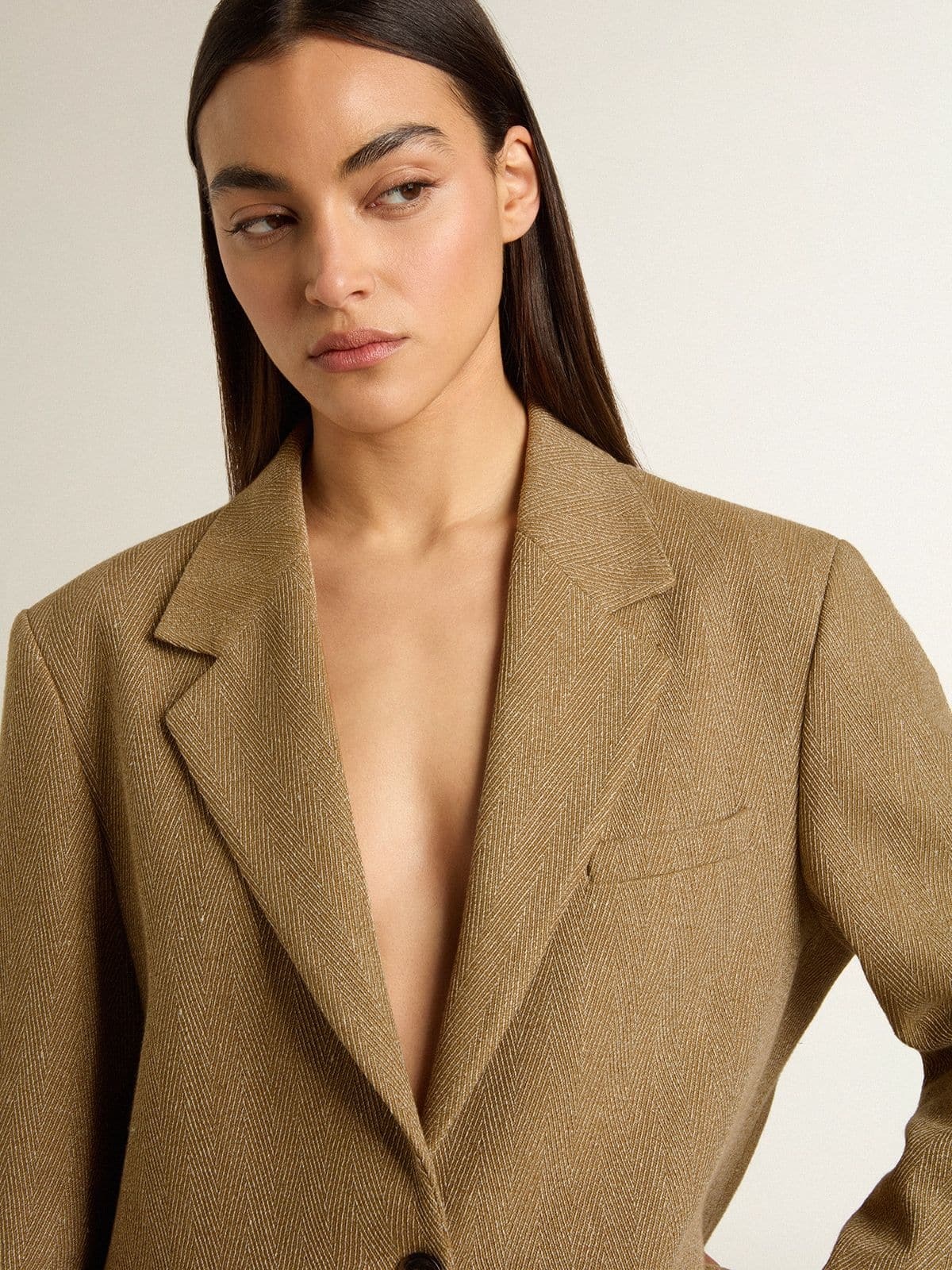 Women's single-breasted blazer in sand-colored herringbone - 5