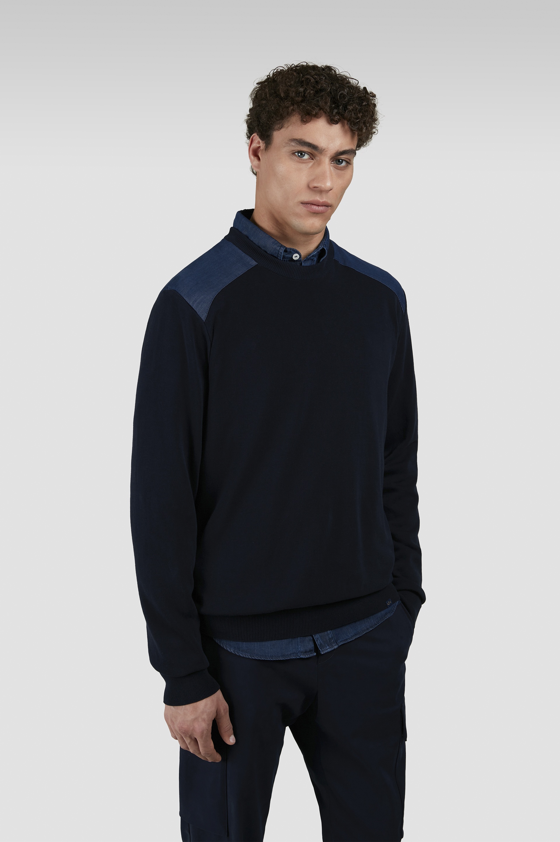 FRESCO COTTON CREWNECK SWEATER WITH DENIM DETAILS - 7