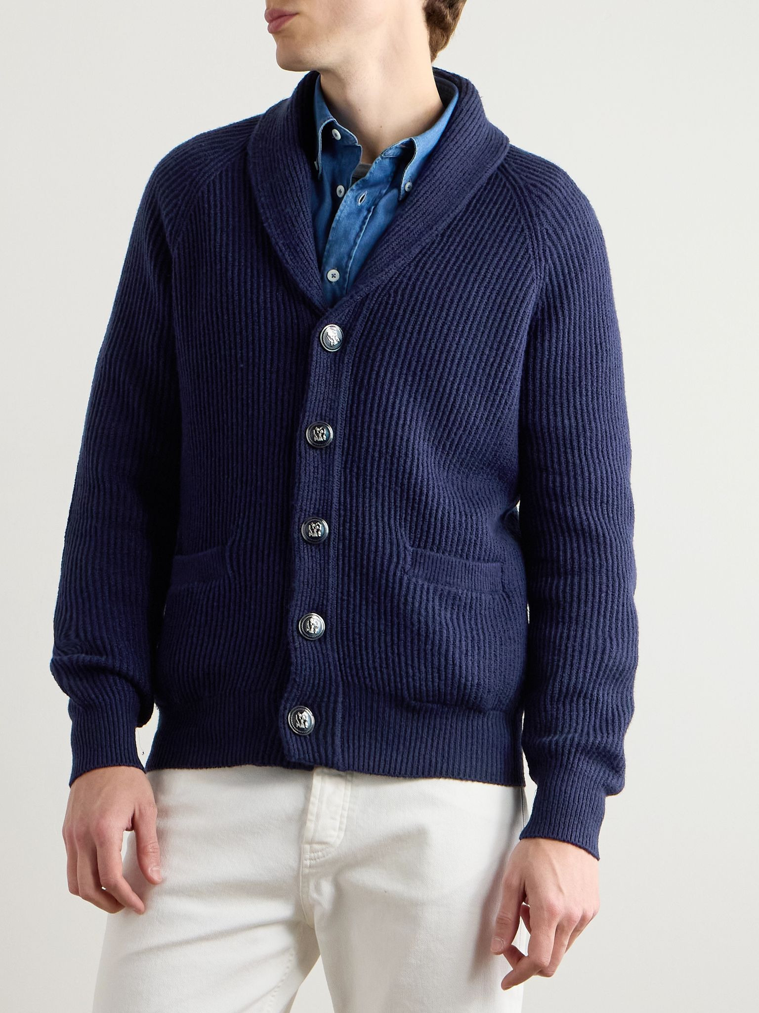 Shawl-Collar Ribbed Cotton Cardigan Navy - 3