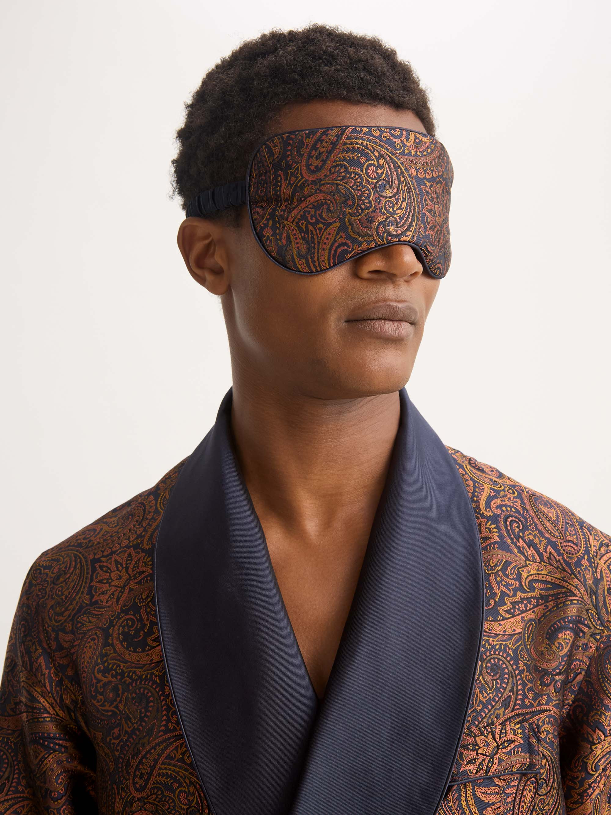 Silk Eye Mask Jacquard Navy Blue & Antique Gold Paisley Weave - 4