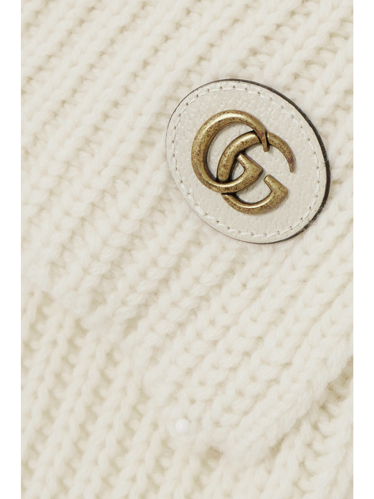 Embellished leather-trimmed ribbed wool and cashmere-blend scarf Ivory - 3
