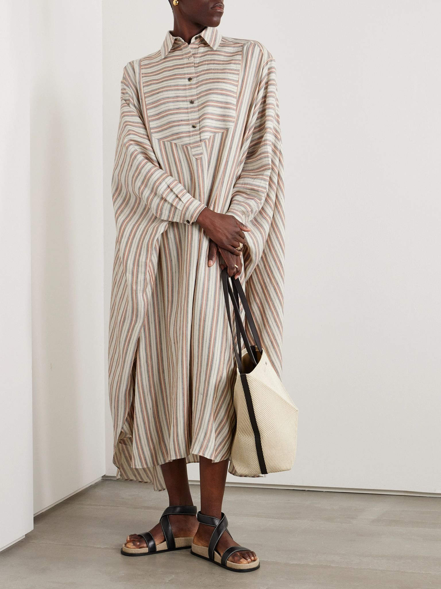 Striped printed linen and silk-blend kaftan Beige - 2