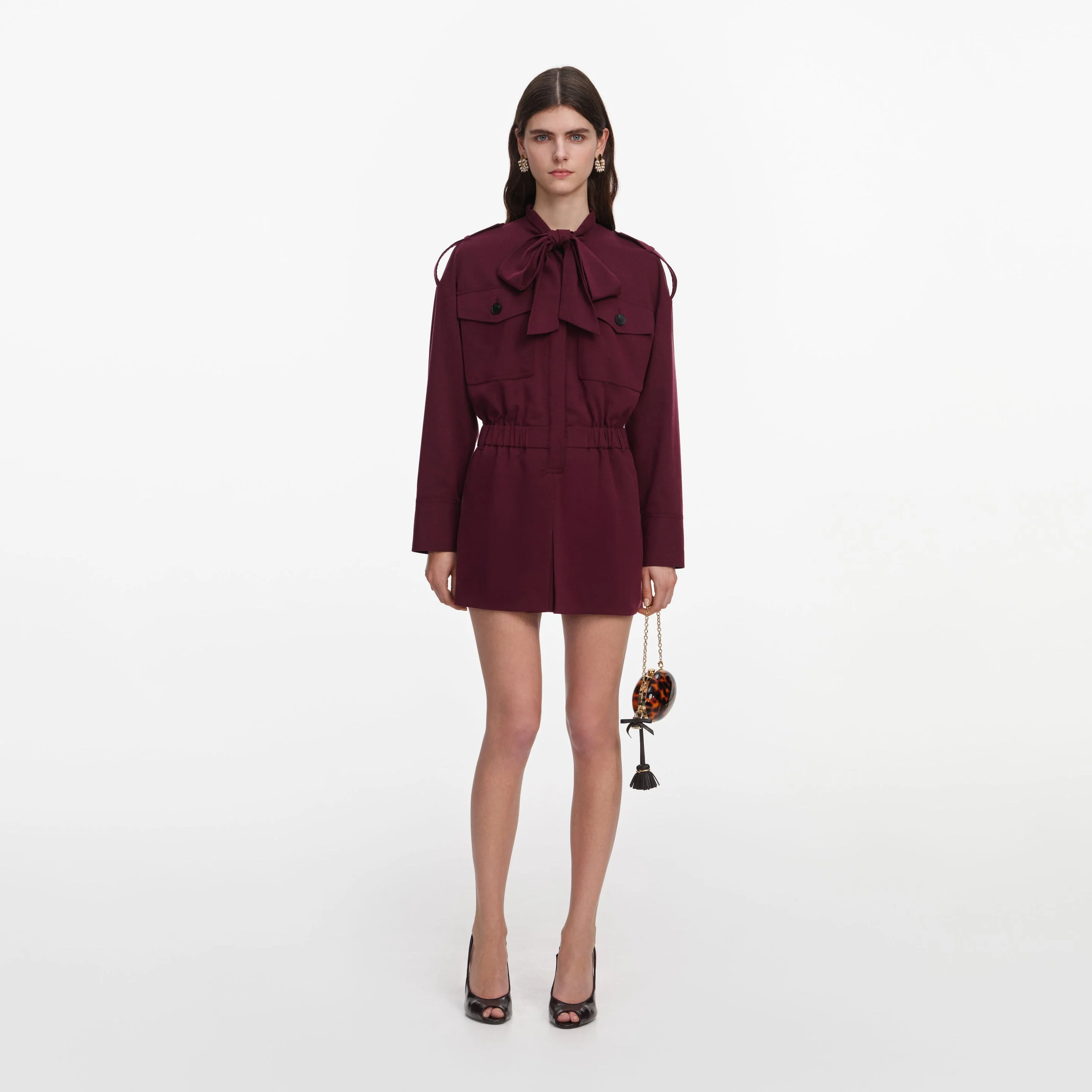 Plum Twill Tie Neck Playsuit - 1
