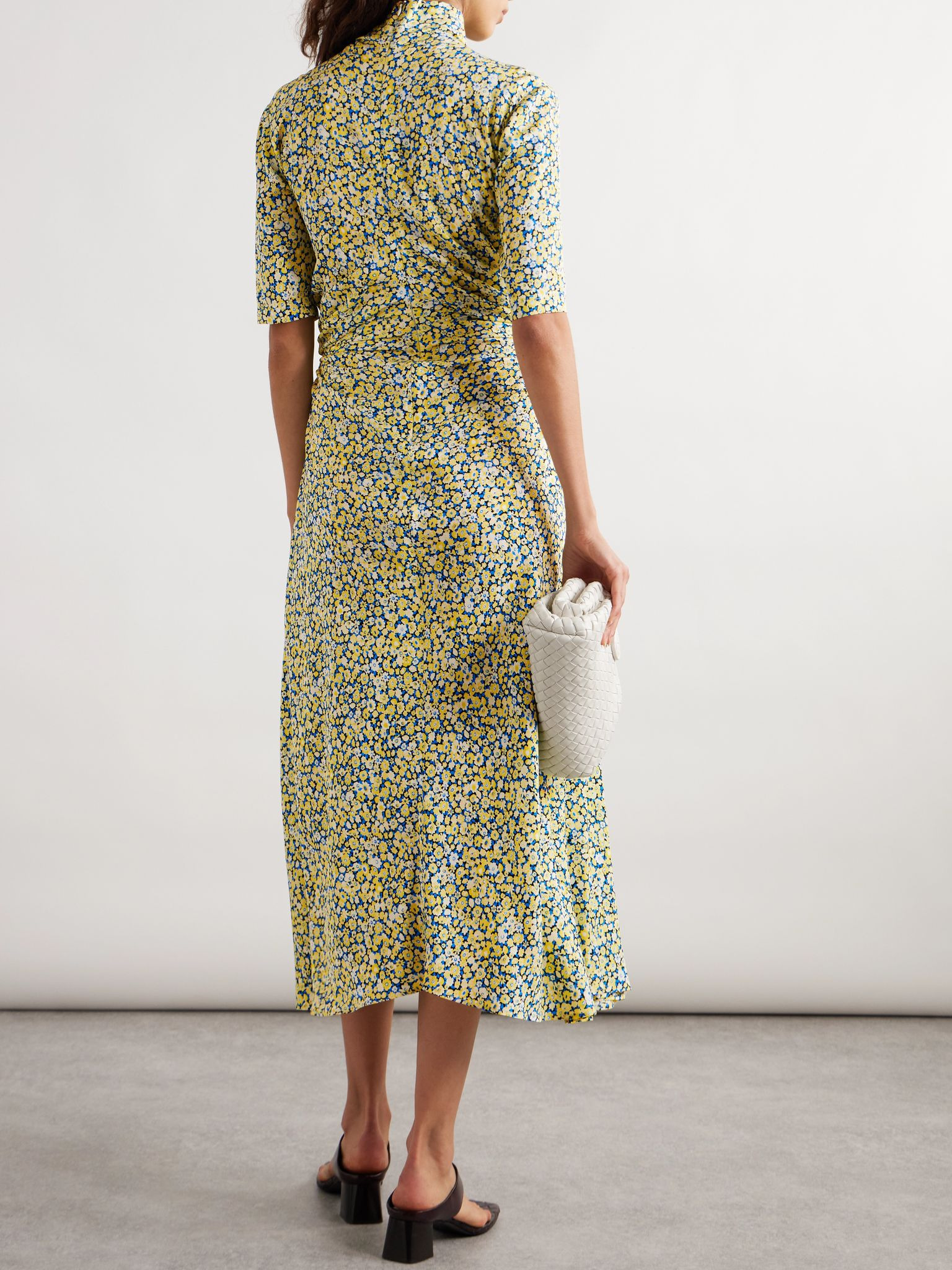 Embellished gathered pleated floral-print crepe turtleneck midi dress Multi - 3