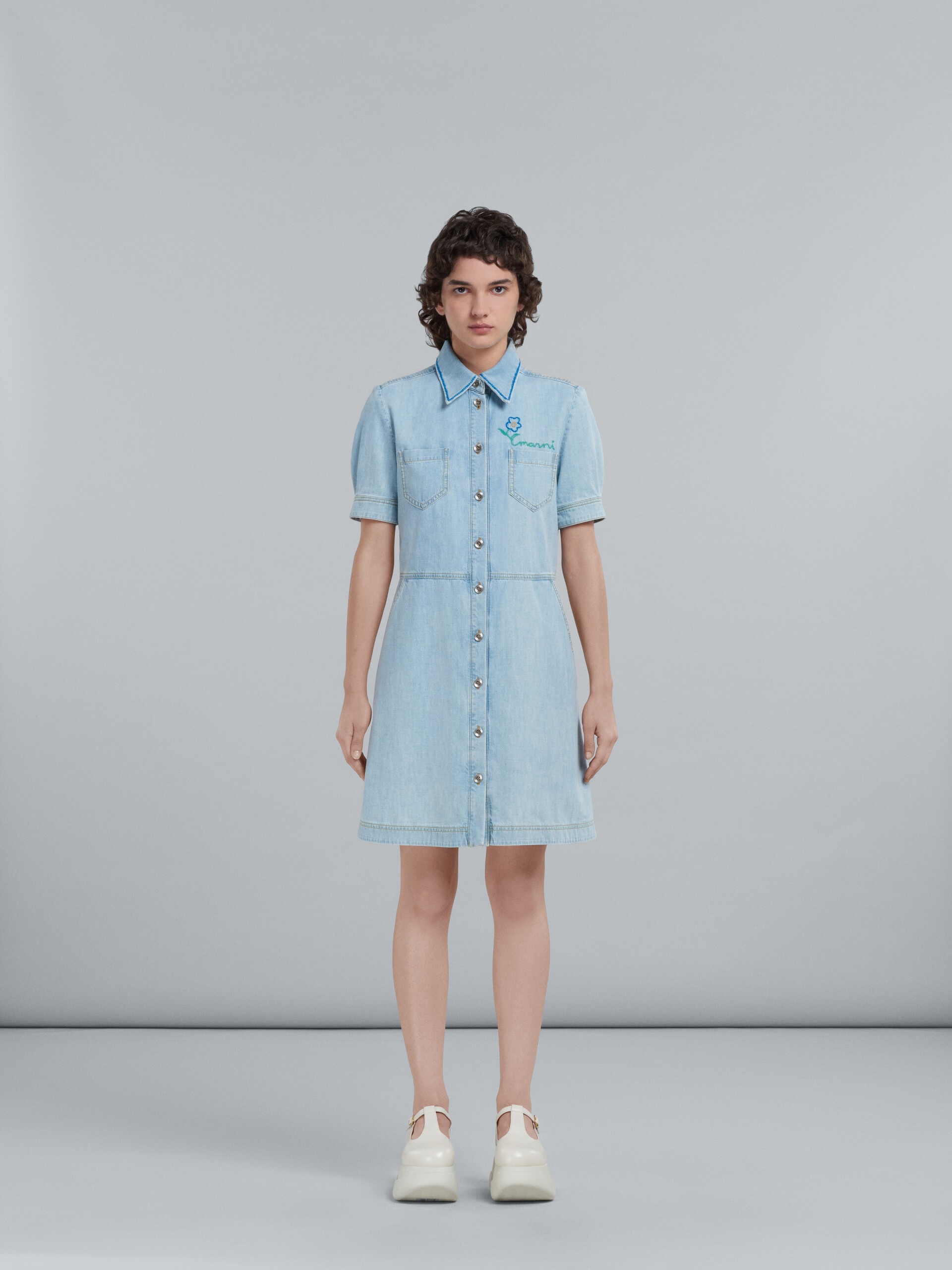LIGHT BLUE CHAMBRAY DRESS WITH EMBROIDERY - 2