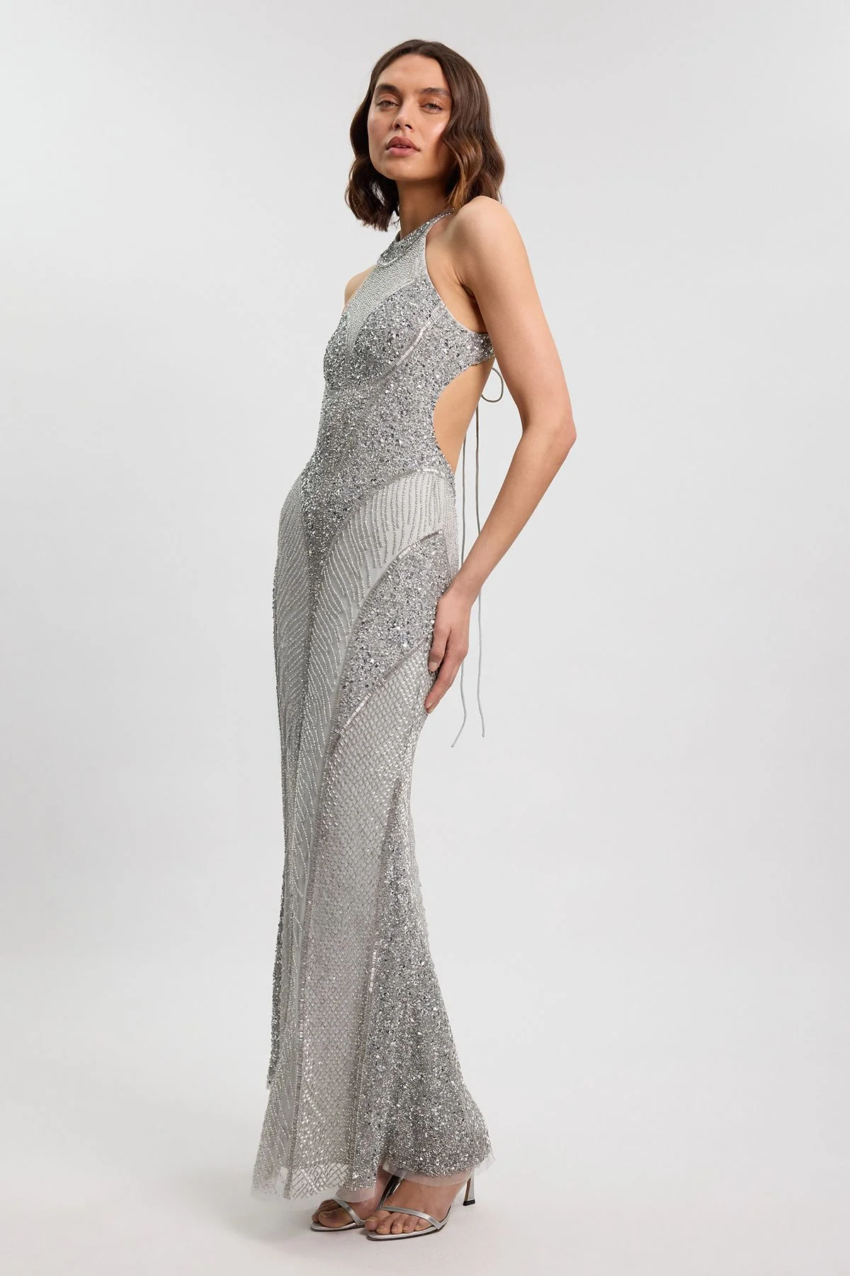 Crystal Embellished Halter Woven Maxi Dress - 1