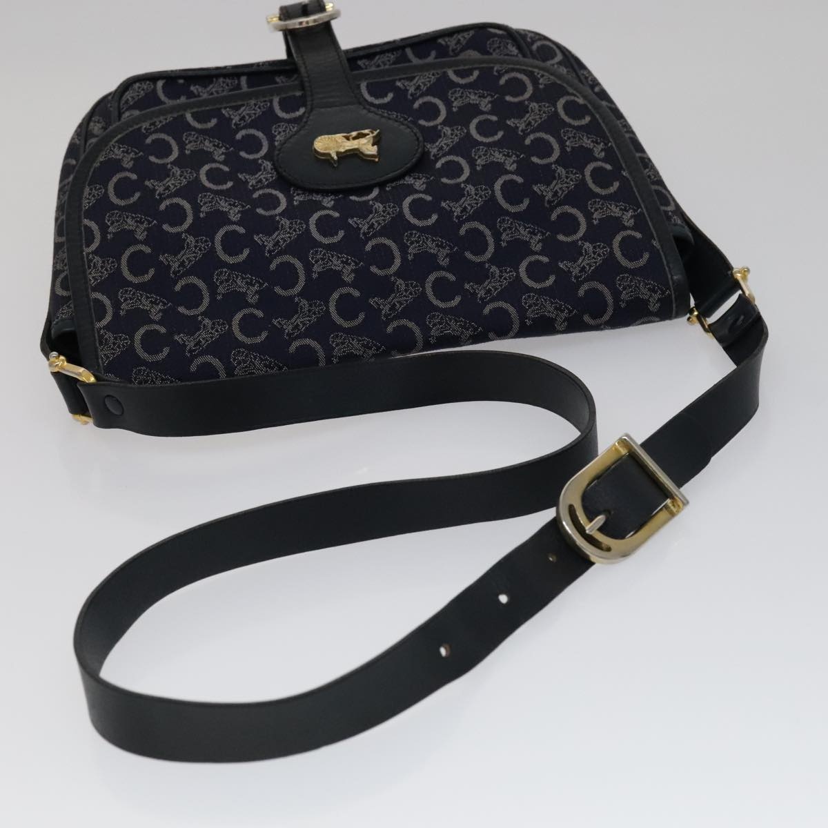 CELINE C Sulky Shoulder Bag Canvas Navy Gold - 7