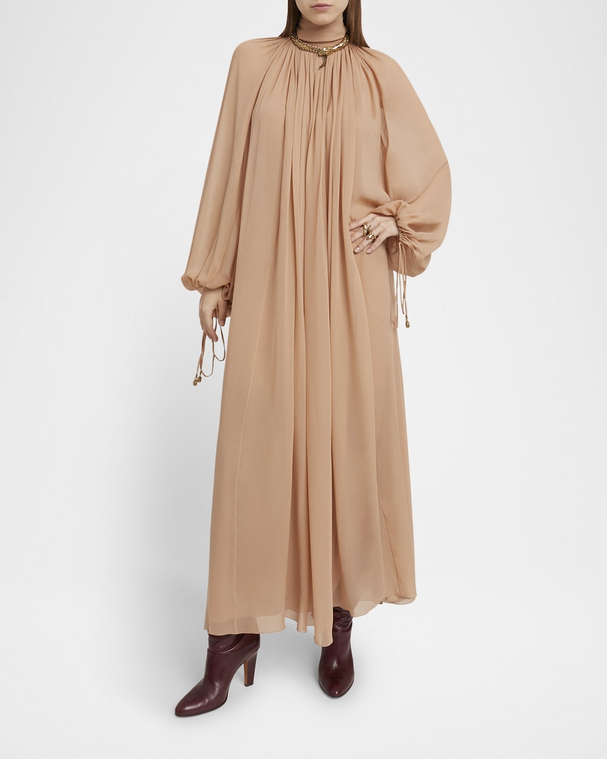 High-Neck Tie Long-Sleeve Silk Gown - 7