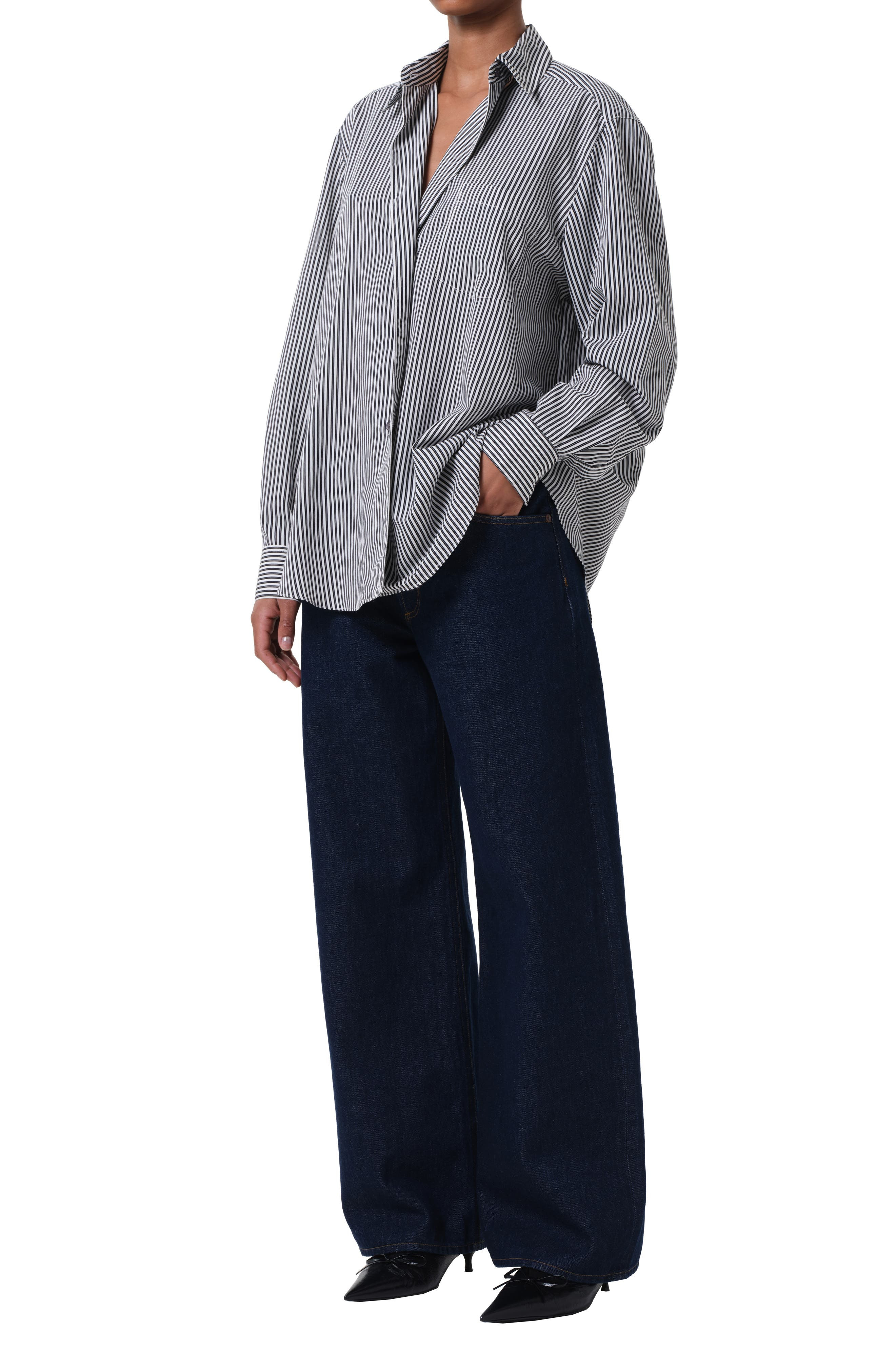 AGOLDE Aris Stripe Button-Up Shirt in Solene Stripe Black And White at Nordstrom - 6