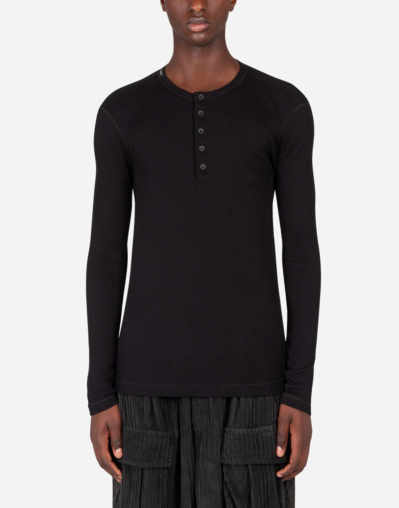 Fine-rib cotton granddad-neck t-shirt with long sleeves 1