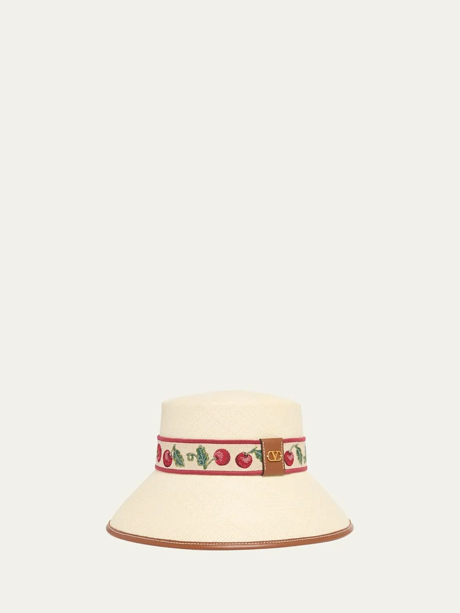 Cherry Embroidered Straw Bucket Hat - 1