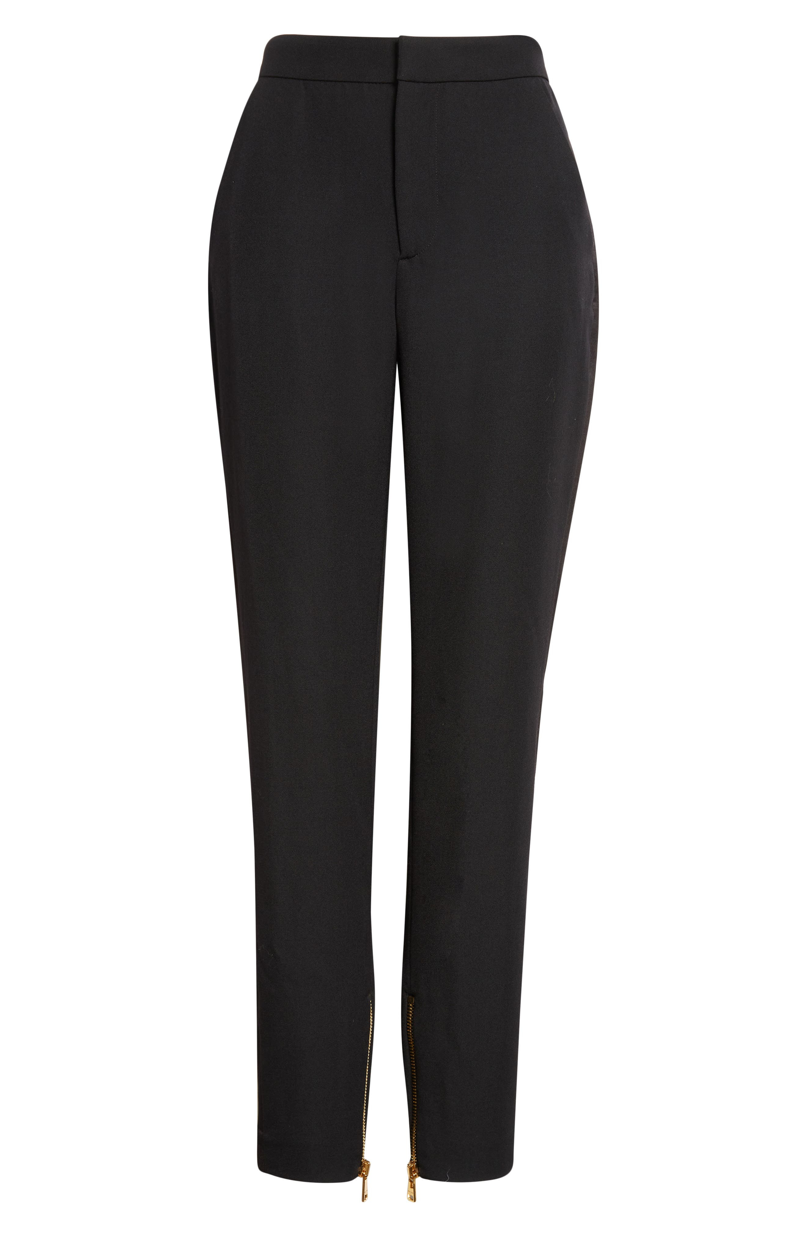 Balmain Zip Hem Slim Fit Wool Grain de Poudre Pants in Black/Black at Nordstrom - 2