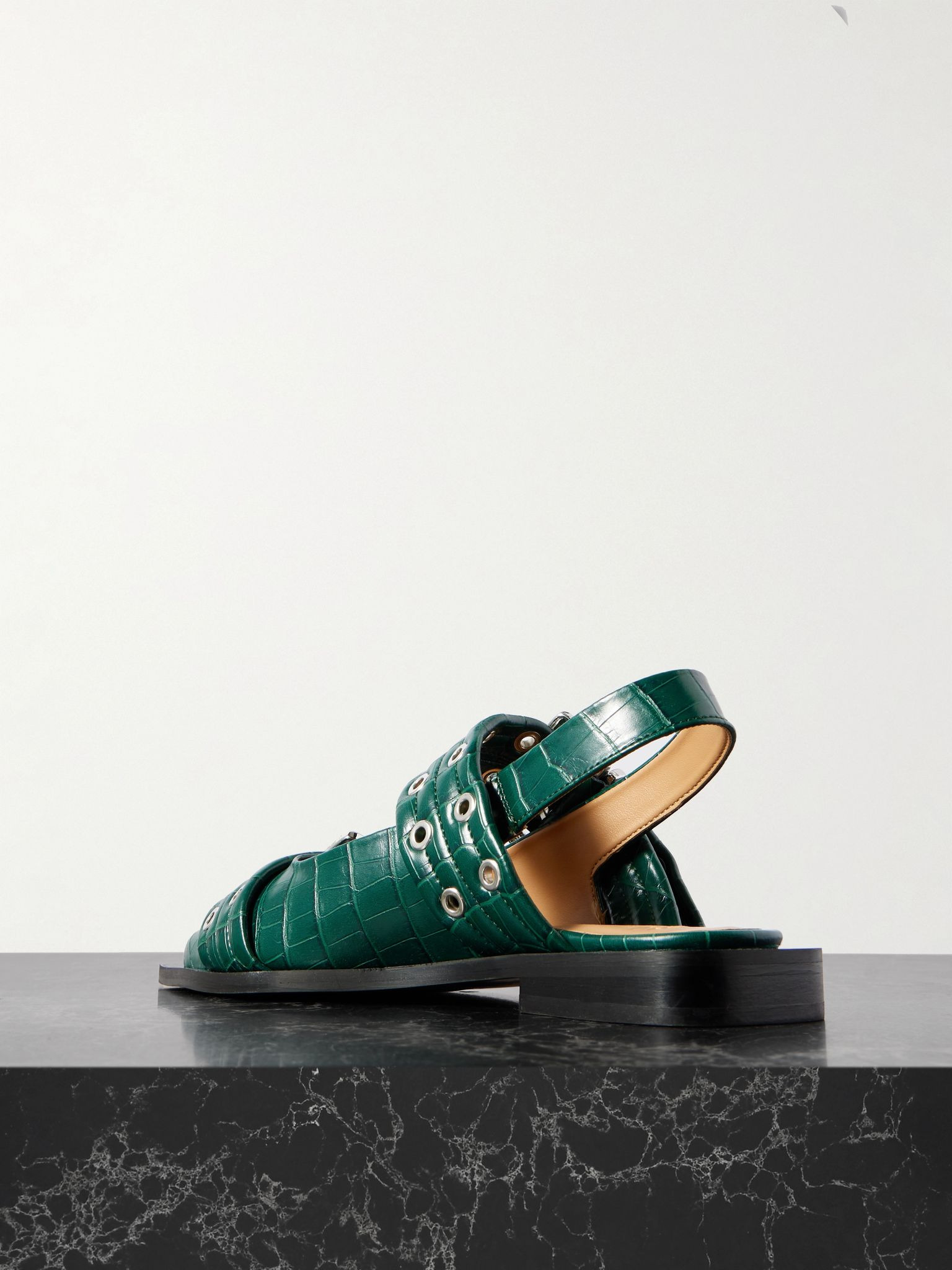 Embellished glossed recycled point-toe slingback flats Green - 3