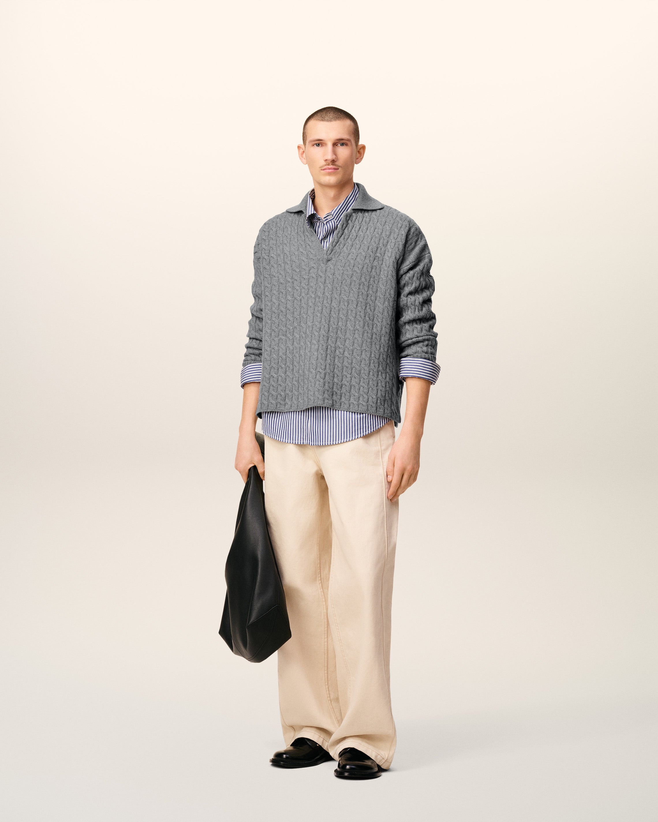 GREY WOOL CABLES KNIT POLO - 2