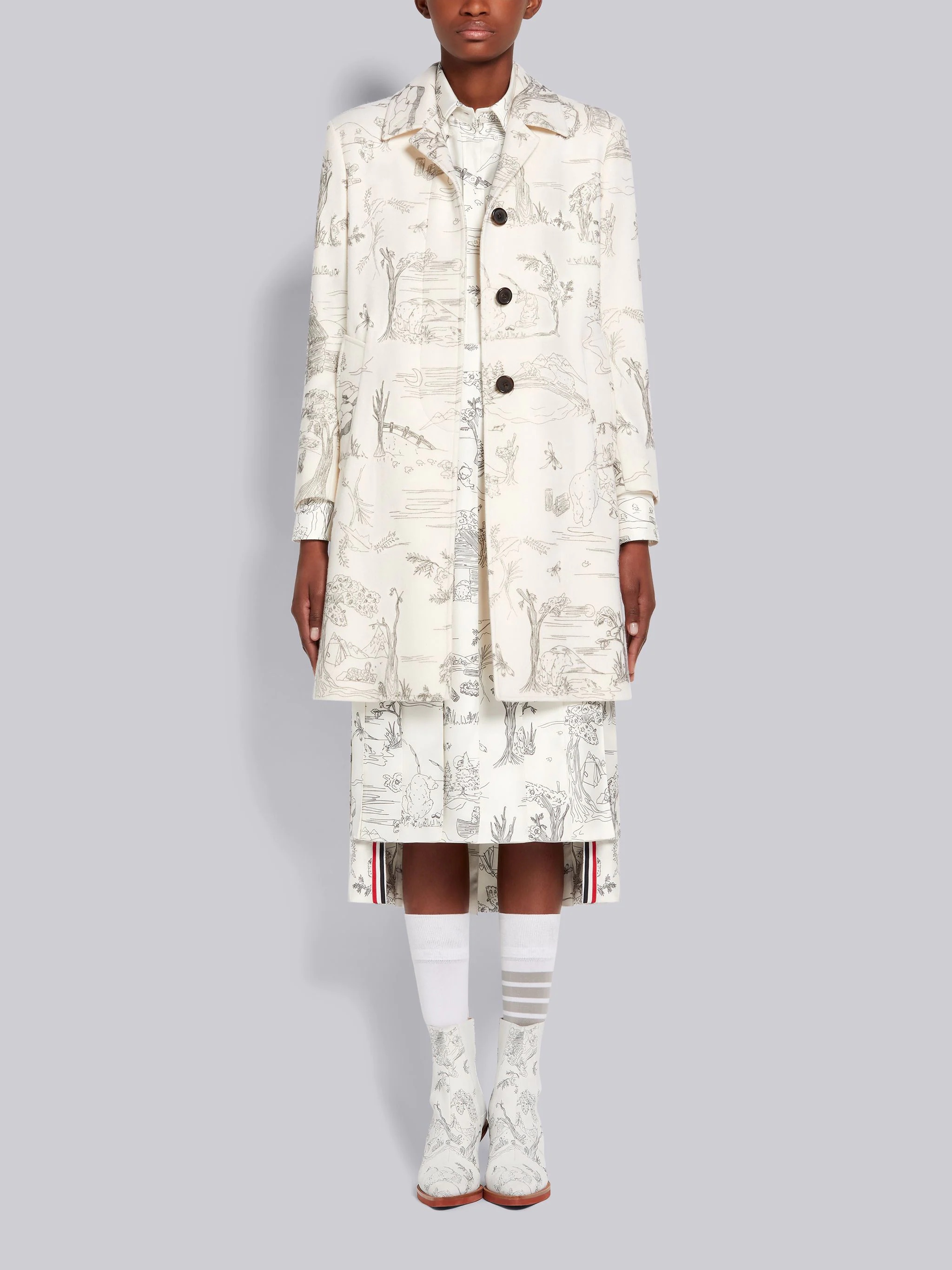 White Animal Camp Toile Printed Cashmere Unconstructed Narrow Shoulder Bal Collar Overcoat - 4