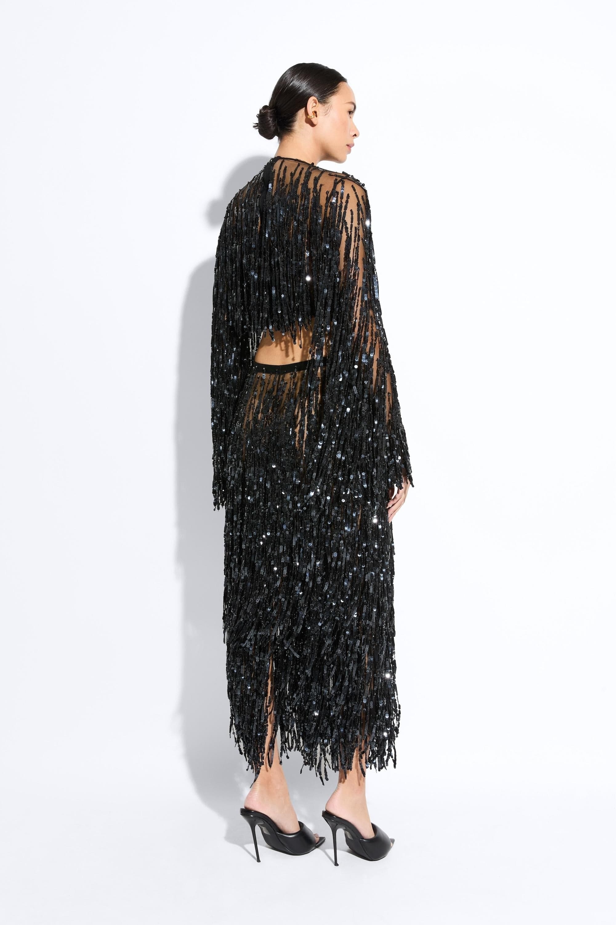 Fringe Sequin Pencil Skirt - 3